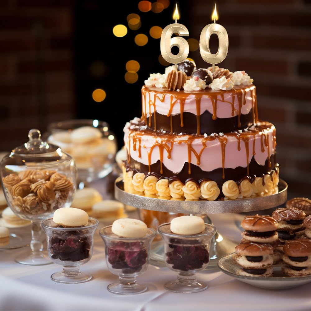 60th Birthday Candles Numbers - Champagne Gold Cake Toppers for Birthday Parties, Weddings & Anniversaries - Perfect for Cake Decorations & Celebration Supplies