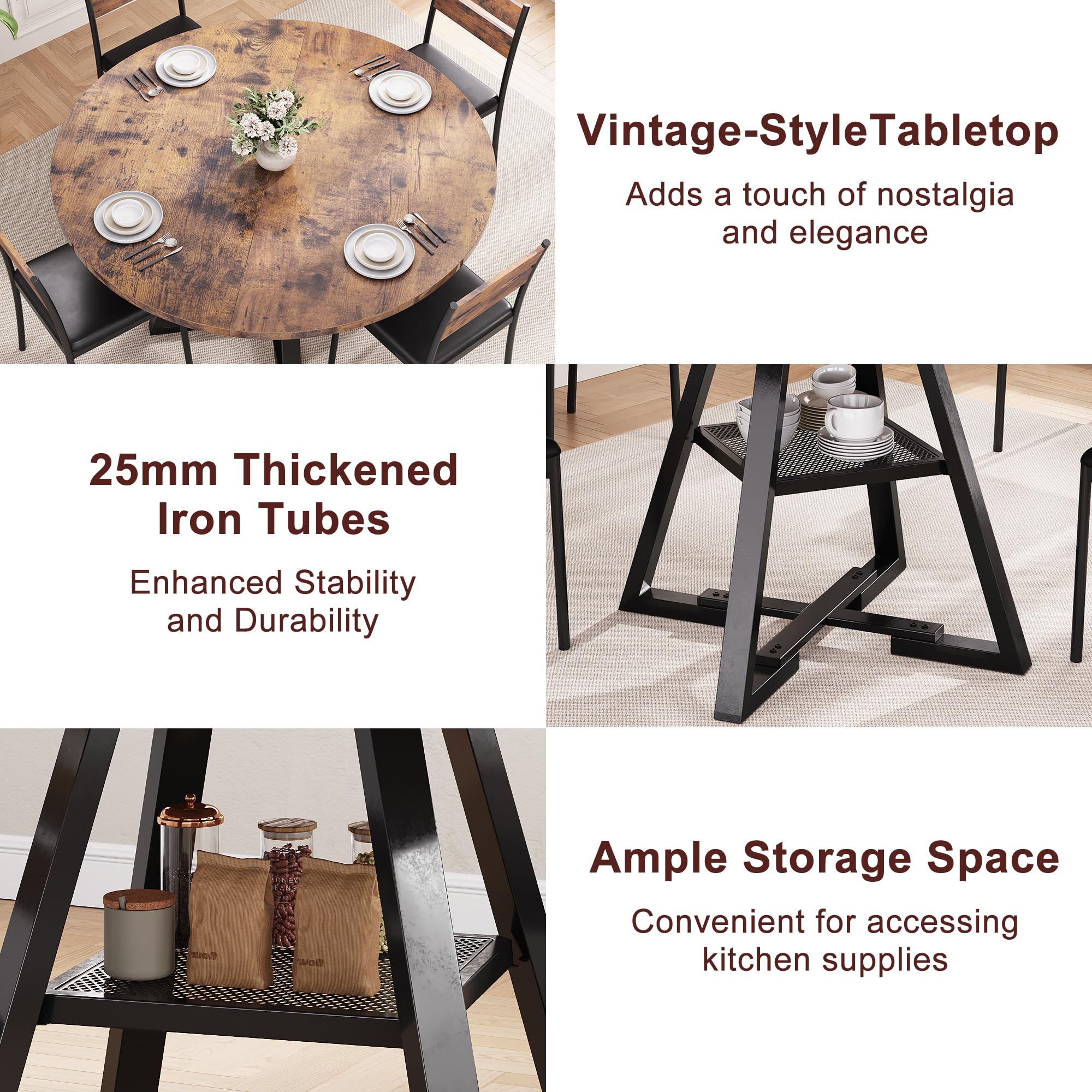 Vintage 42-Inch Round Wooden Dining Table for 4 - Space Saving Kitchen & Dining Room Pedestal Table - Perfect for Small Spaces, Breakfast Nooks, and Cozy Family Meals