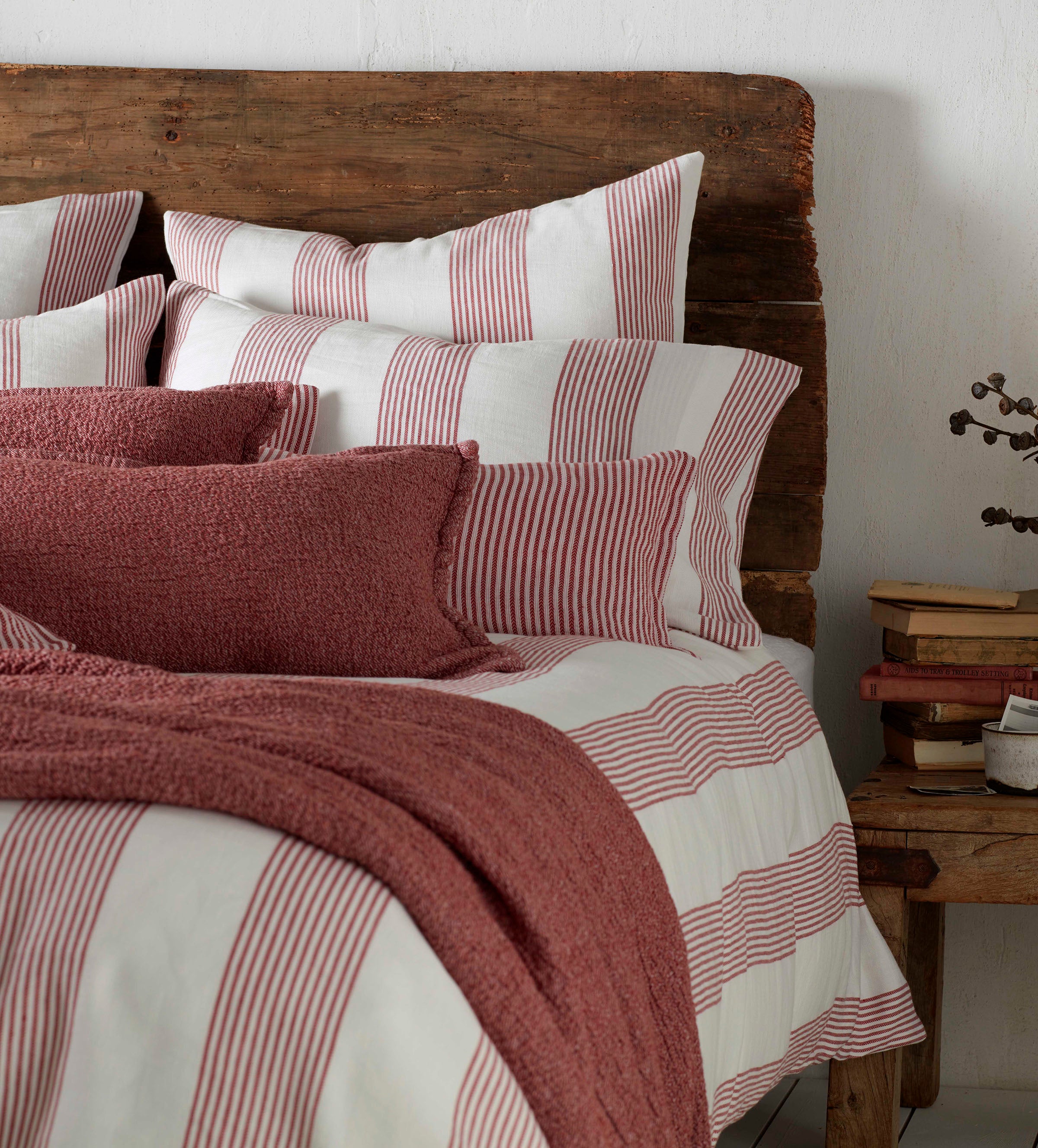 Red Ticking Stripe Cotton Linen Pillowcase Set - Classic Farmhouse Style Bedding for Home Decor & Guest Room Essentials - Perfect for Master Bedroom, Cozy Cottage or Rustic Cabin Retreat