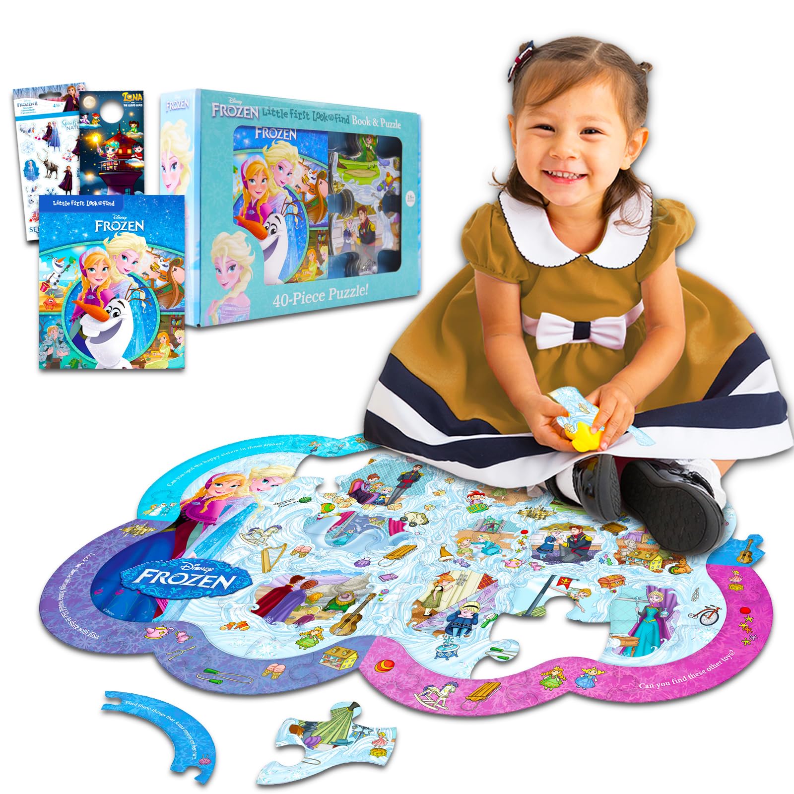 Disney Frozen Floor Puzzles for Kids Ages 3-5 - 60-Piece Jumbo Puzzle Set with Look & Find Activity Book, Stickers | Educational Toys for Toddlers & Preschoolers | Perfect for Birthday Gifts & Indoor Playtime