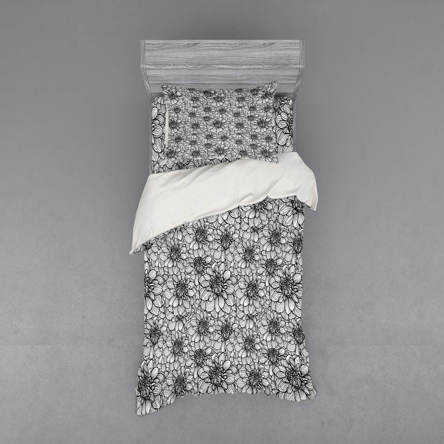 Ambesonne Black and White Duvet Cover Set | Botanical Gardening Plants Hand Drawn Dahlia Floral Design | 3-Piece Bedding Set with Pillow Sham & Fitted Sheet | Twin XL Size | Perfect for Modern Bedrooms, Guest Rooms & Dorm Decor