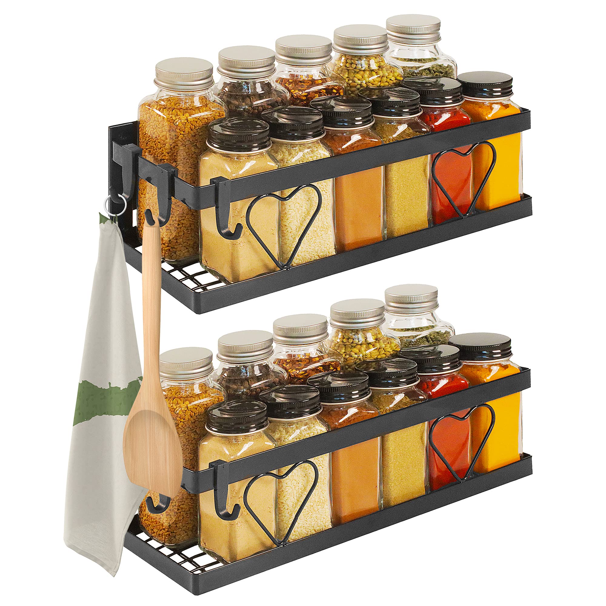 Premium Magnetic Spice Rack (2-Pack) - Large Black Refrigerator & Oven Organizer for Kitchen Spice Storage | Space-Saving Magnetic Shelf with Free Hooks - Perfect for Pantry, Cabinet & Small Kitchen Organization