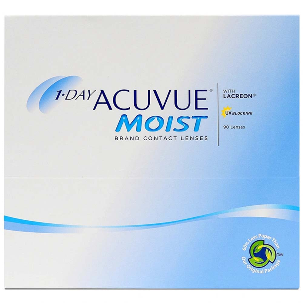 1 Day Acuvue Moist Daily Disposable Contact Lenses - 90 Pack, UV Protection, Comfortable & Breathable for All-Day Wear - Perfect for Work, Sports, and Outdoor Activities
