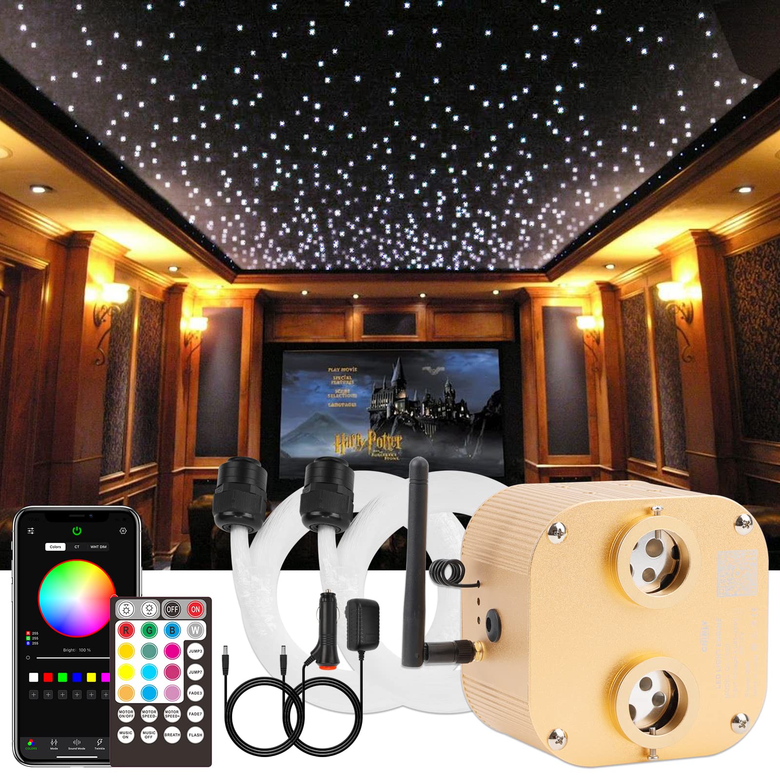 CHINLY Starlight Headliner Kit - 800pcs Fiber Optic Lights with Bluetooth APP Control, 13.1ft 0.03in 20W RGBW Star Ceiling Lights for Cars, Home Theaters & Pools | Music Sync & Remote Control | Perfect for Bedroom Decor, Party Lighting & Relaxation Spaces