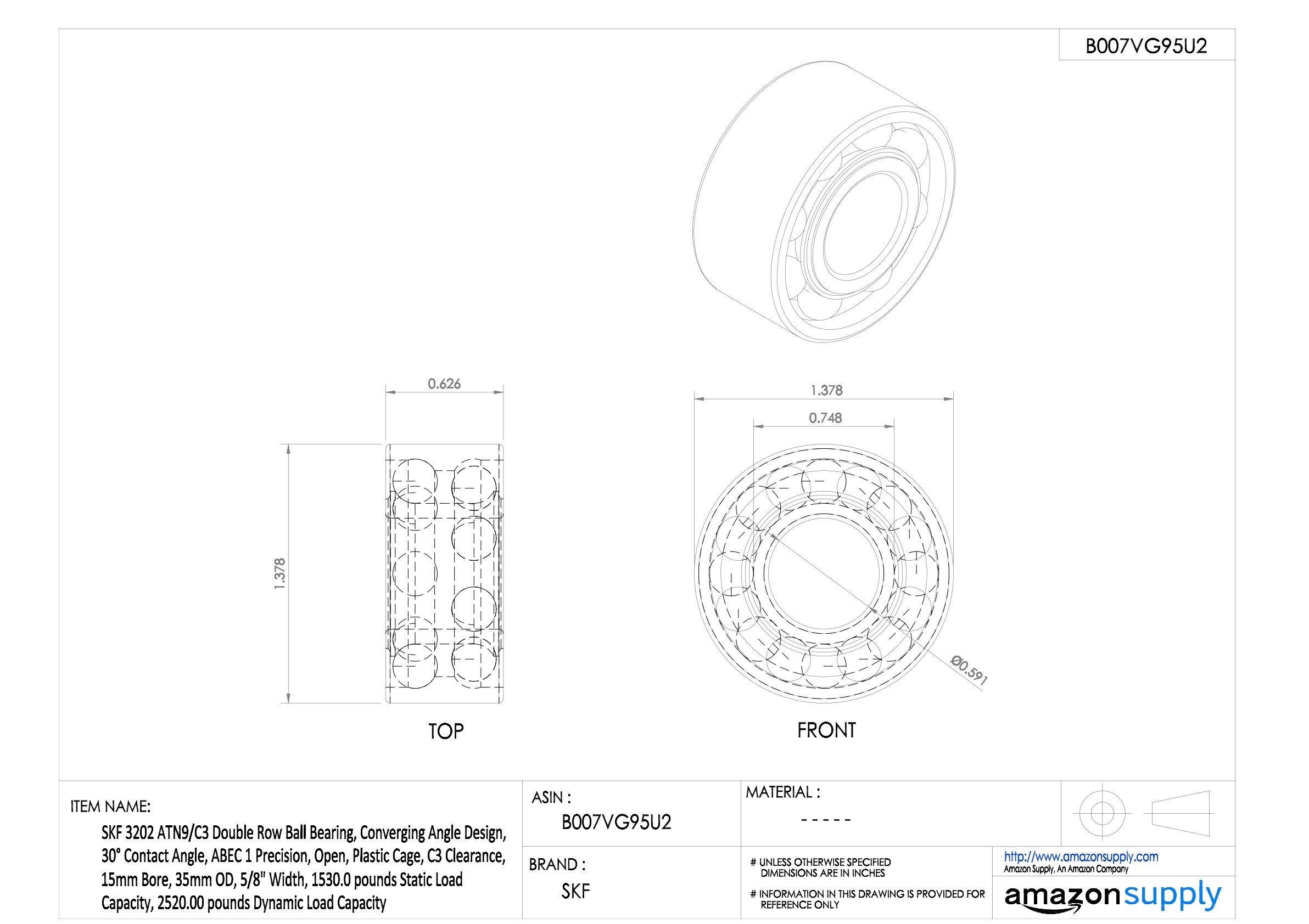 SKF 3307 ATN9/C3 Double Row Angular Contact Ball Bearing - 35mm Bore, 80mm OD, 1-3/8
