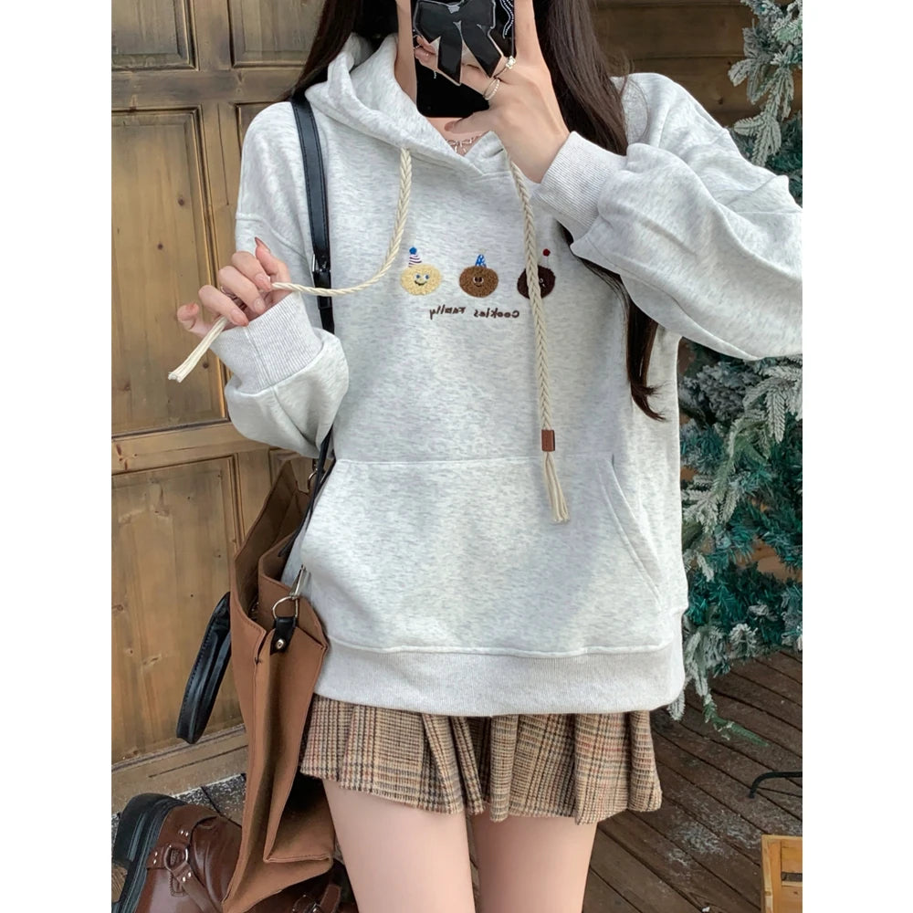 Women's Grey Embroidered Drawstring Hoodie - Korean Fashion Cotton Velvet Sweatshirt for Autumn Winter | Casual Streetwear & Vacation Outfit