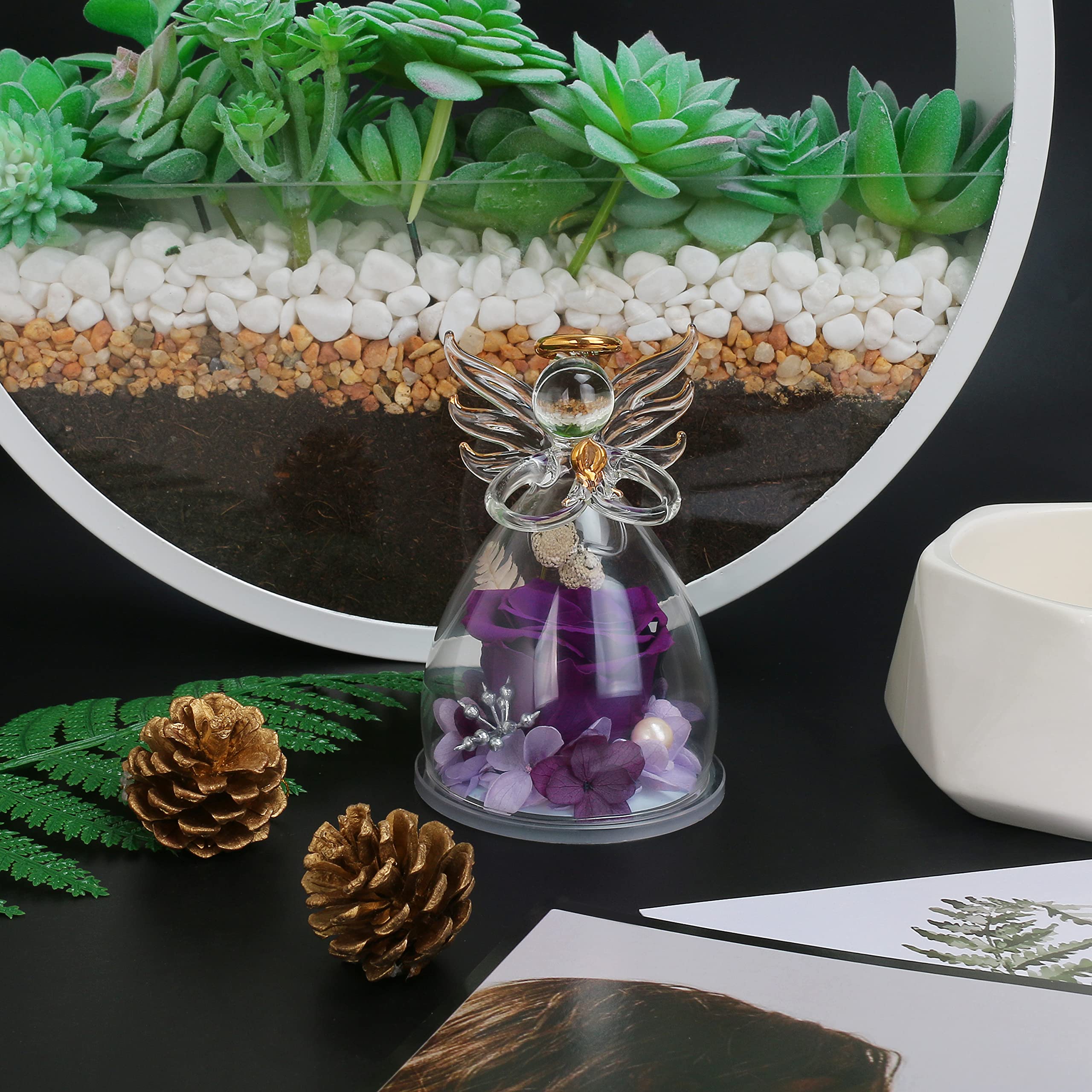 Preserved Purple Rose in Glass Angel Figurines - Mother's Day, Birthday & Anniversary Gifts for Mom, Grandma, Wife & Sister - Perfect for Home Decor, Wedding Centerpieces & Romantic Keepsakes
