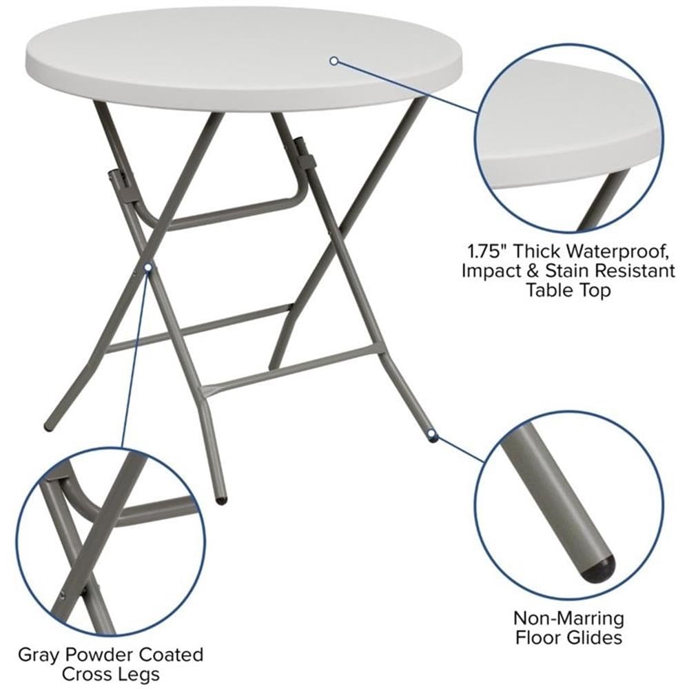 BOWERY HILL Granite White Round Folding Table with Metal/Plastic Non-Locking Legs - Perfect for Indoor/Outdoor Dining, Parties, Events & Small Space Living