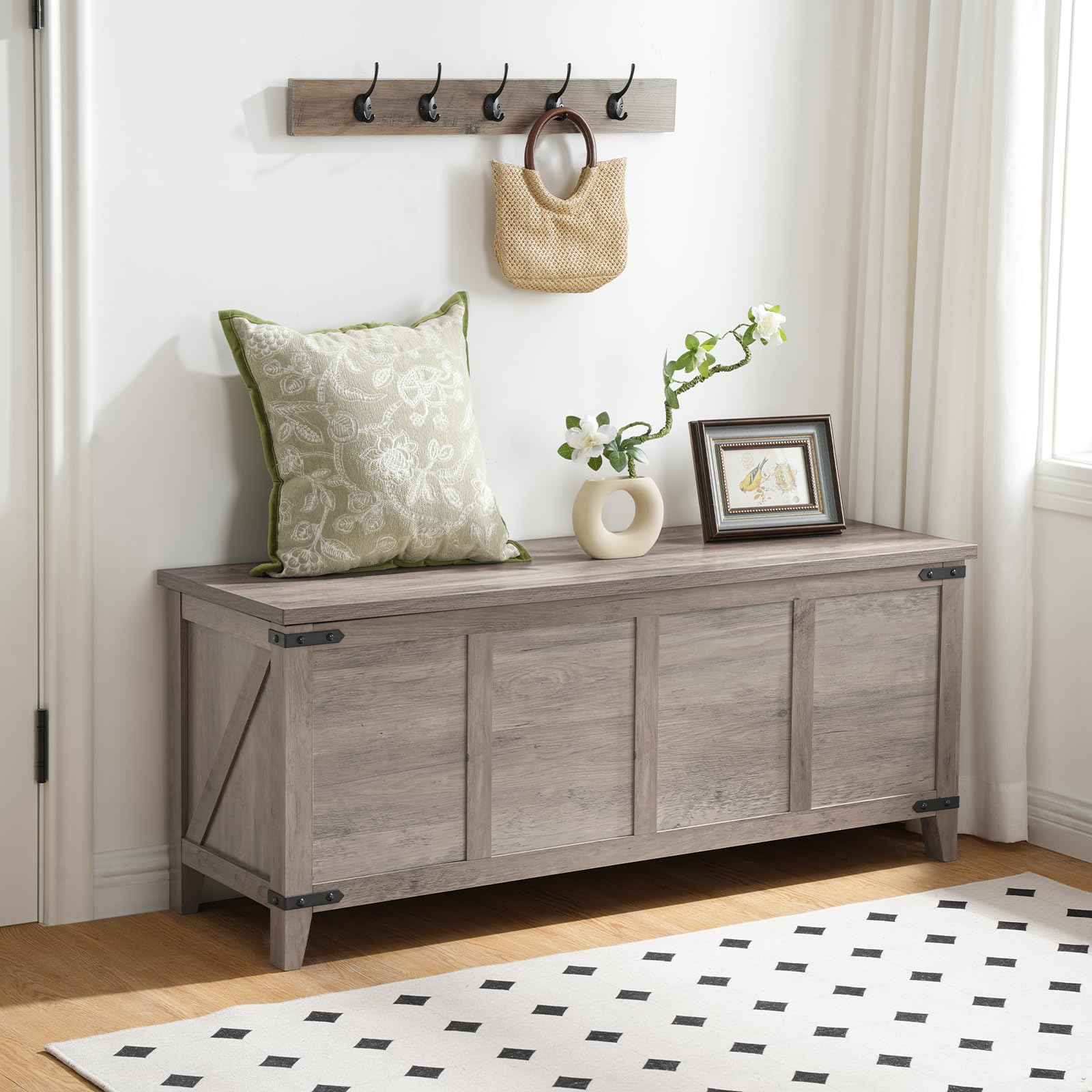 HOOBRO Farmhouse Toy Storage Bench with Geometric Front, 47.2