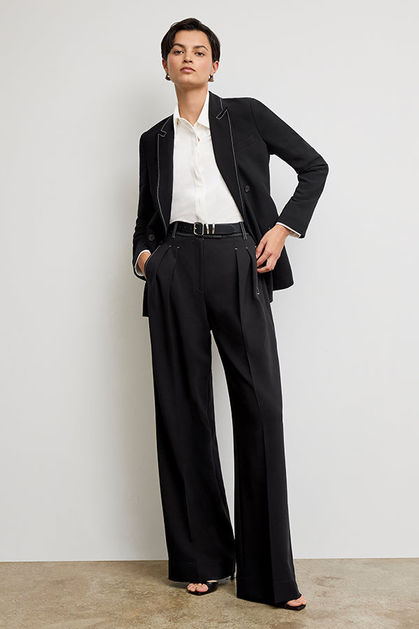 Bia Pleated Trousers for Women - High Waist Everyday Crepe Pants with Topstitch Detail - Comfortable Office Work Pants - Black - Perfect for Business Casual & Professional Wear