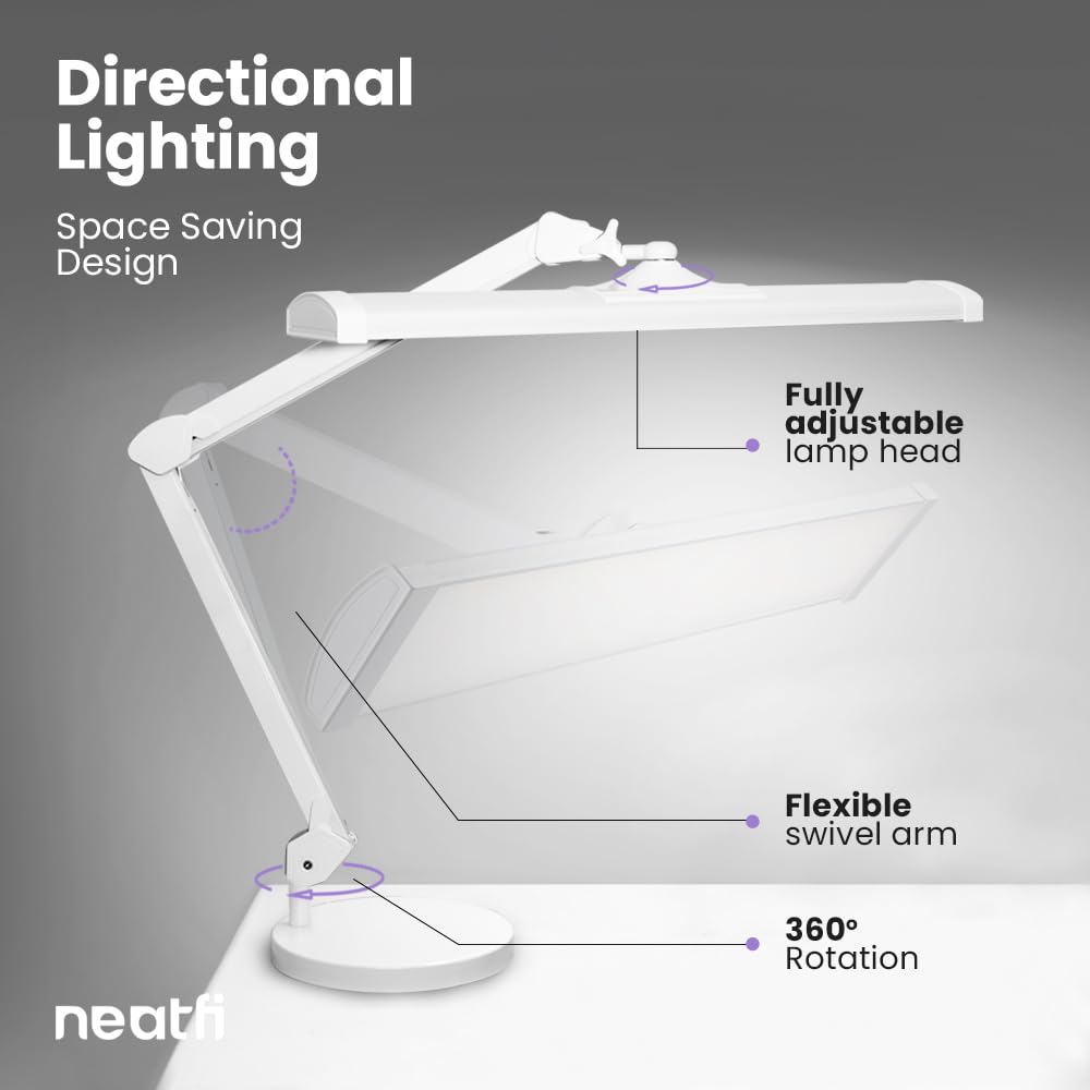 Neatfi 3,500 Lumens Ultra Bright LED Desk Lamp - 26 Inch Adjustable Dimmable Task Light with 270 SMD LEDs, 45W Energy Efficient Office & Home Lighting (White, Non-CCT with Base) - Perfect for Reading, Studying, Working & Crafting
