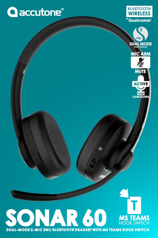 Sonar 60 Dual Bluetooth & USB Wired Headset - Noise Cancelling Mic, Long Battery Life for PC, Mac & Smartphones | Compatible with MS Teams, Skype, Zoom | Perfect for Remote Work, Online Meetings & Gaming
