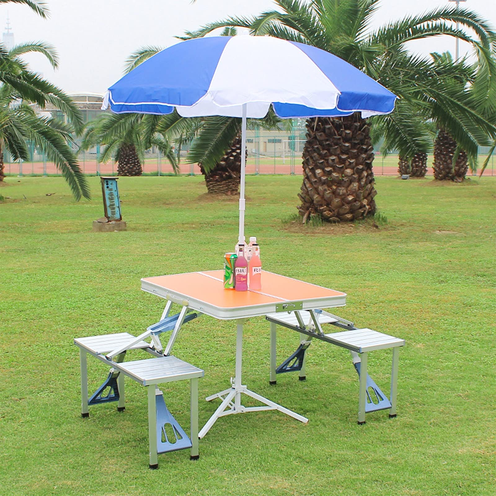 WANGLE Portable Folding Outdoor Picnic Table and Chair Set with Umbrella Hole - 4 Seat Aluminum Camping Dining Table with Stools for Backyard, BBQ, Beach & Garden Parties (Pink)