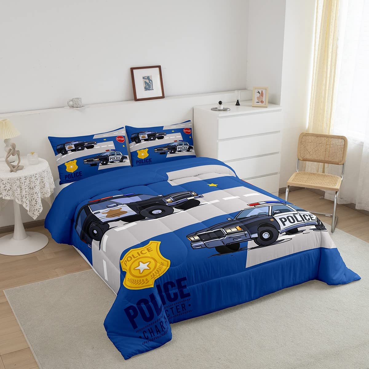 Erosebridal Police Car Comforter Set for Kids - Twin Size Cartoon Policeman Bedding with Badge Quilt & Pillowcase (Blue/Grey) | Perfect for Boys' Room Decor, Themed Sleepovers & Police Car Lovers