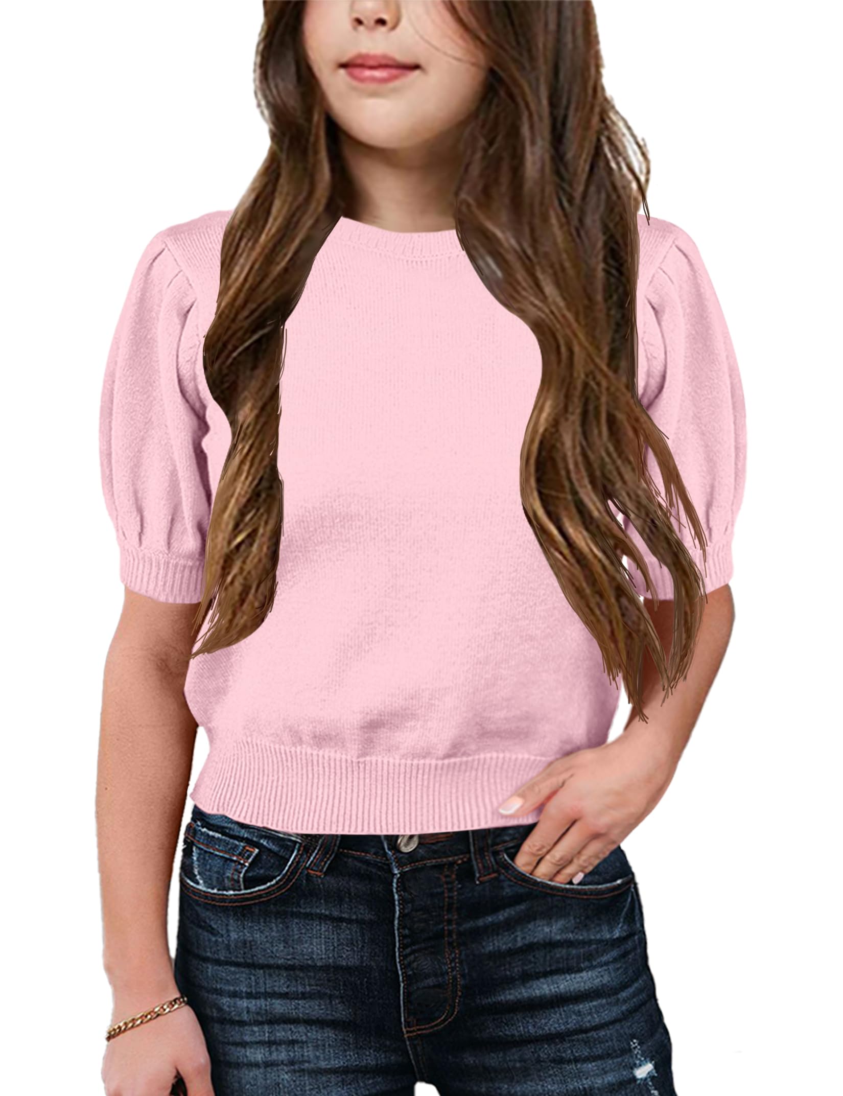 Girls Puff Short Sleeve Sweater - Soft Crewneck Knit Pullover Jumper for Kids - Solid Color Blouse Tops - Perfect for School, Playdates & Casual Outings
