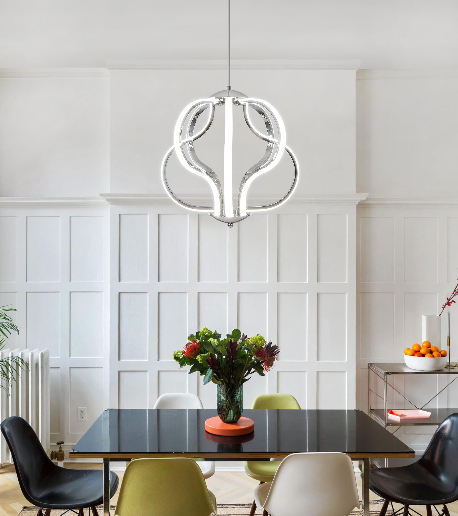 Modern LED Chandelier with Chrome Finish - 8-Light Hanging Pendant Lighting Fixture for Dining Room, Foyer, Entryway, Kitchen & Living Room - Perfect for Home Decor and Ambient Lighting