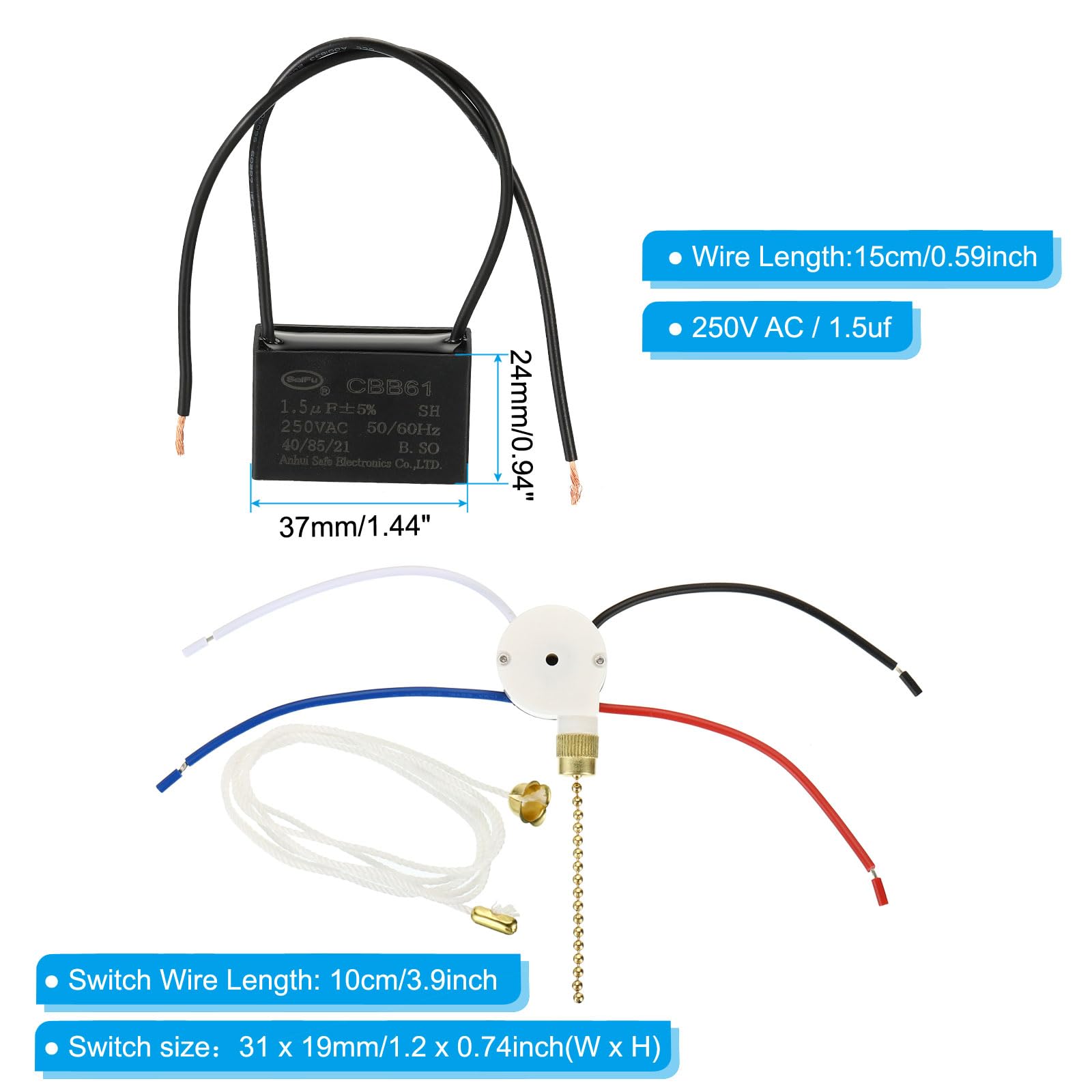 PATIKIL CBB61 1.5uF 250V AC Ceiling Fan Capacitor - 2 Wires with 3 Speed Switch for AC Fan Motors (50/60Hz) - Perfect for Home Ceiling Fans, HVAC Systems & Appliance Repair