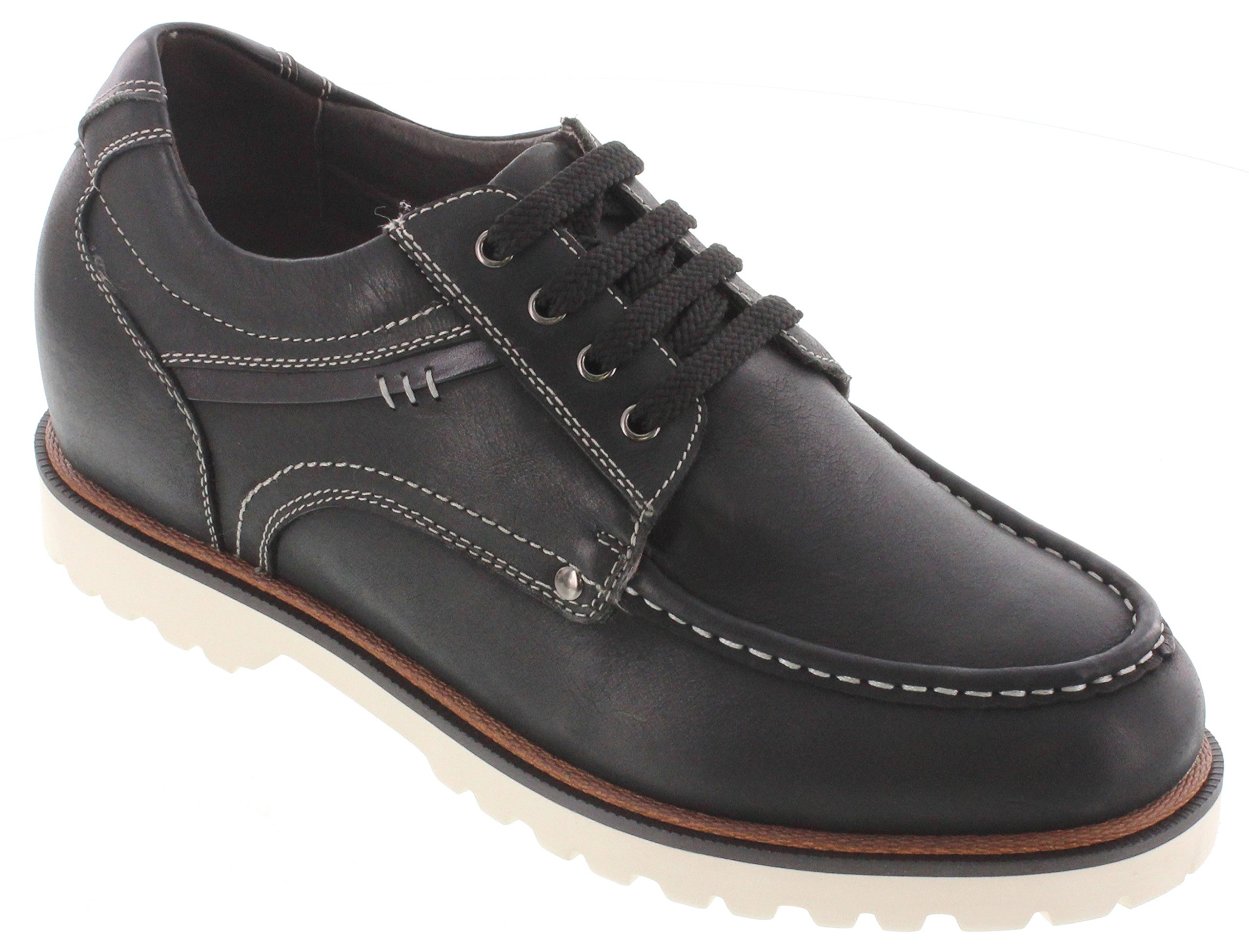 TOTO Men's Invisible Height Increasing Elevator Shoes - Black Leather Lace-up Boat Style Casual Dress Shoes - 2.8 Inches Hidden Lift - Comfortable for Work, Dating & Formal Events - Model D12211
