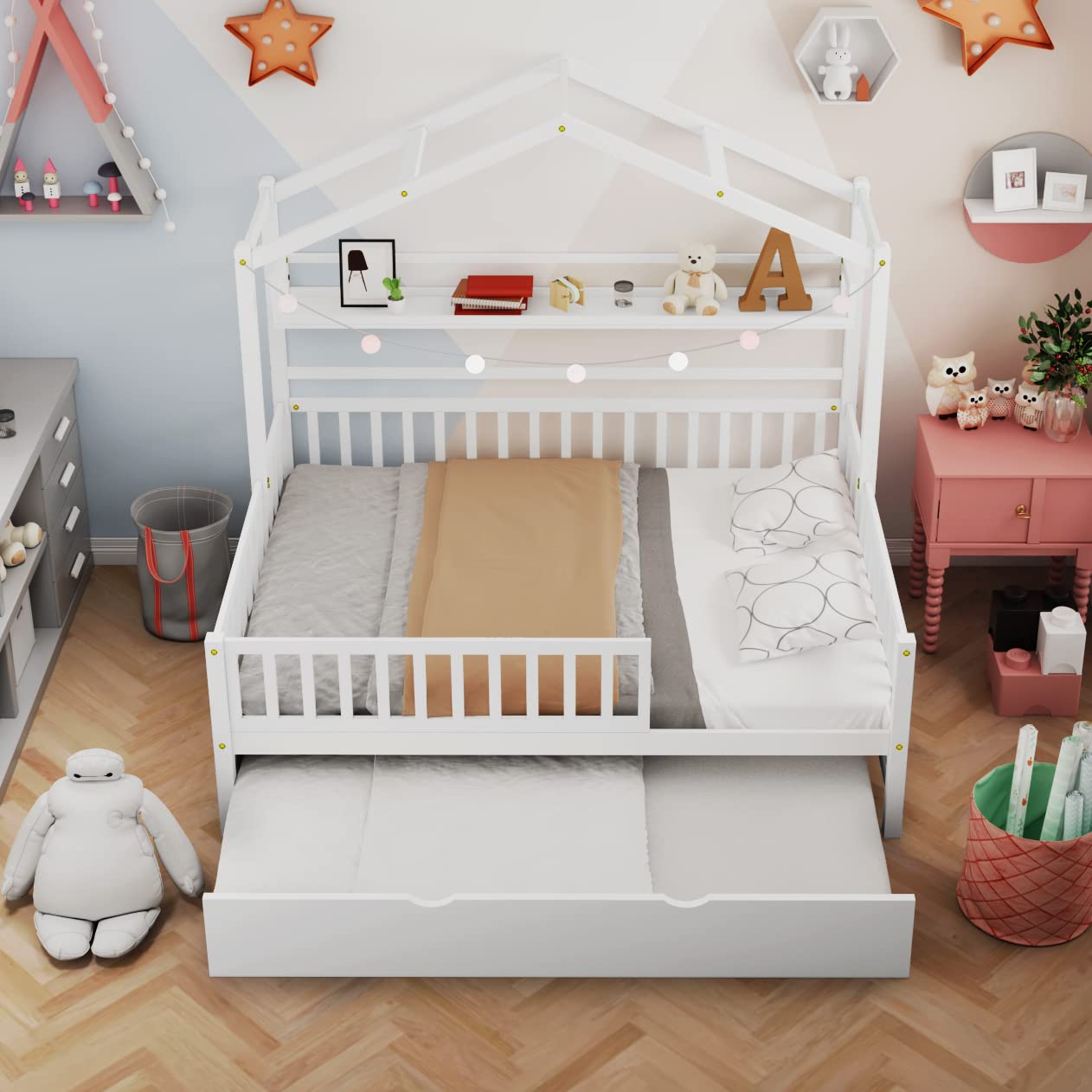 DEINPPA Full House Bed with Trundle - Wooden Kids Bed Frame with Storage Shelf & Safety Guardrails - No Box Spring Needed - Decorative Roof Design for Boys & Girls - Perfect for Toddler Bedrooms, Playrooms & Small Spaces (White)