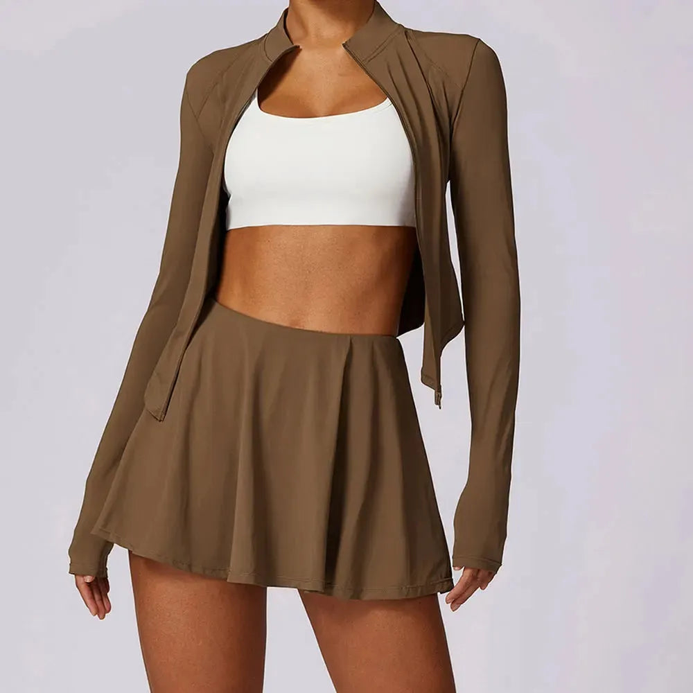 2PCS Women's Yoga Outfit - Sexy Zipper Long Sleeve Top & Short Skirt Gym Set for Running, Workout & Athletic Sports | Perfect for Yoga, Pilates & Fitness Training
