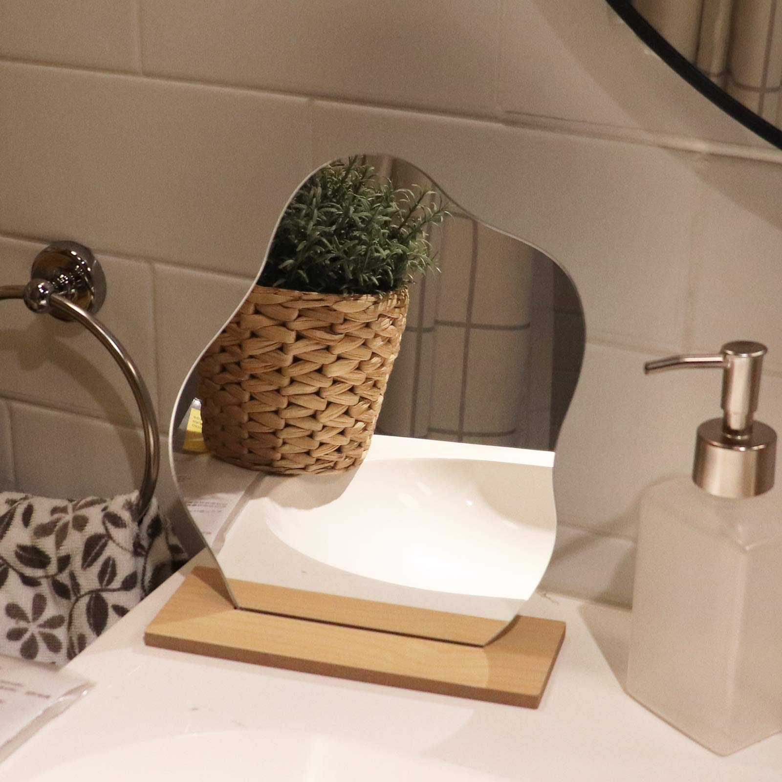 Frameless Cloud-Shaped Acrylic Vanity Mirror with Wooden Stand - Modern Irregular Aesthetic Decorative Mirror for Desk, Dresser & Vanity - Perfect for Bedroom, Living Room & Minimalist Home Decor | Compact Makeup Mirror for Daily Beauty Routine & Space-Saving Decor