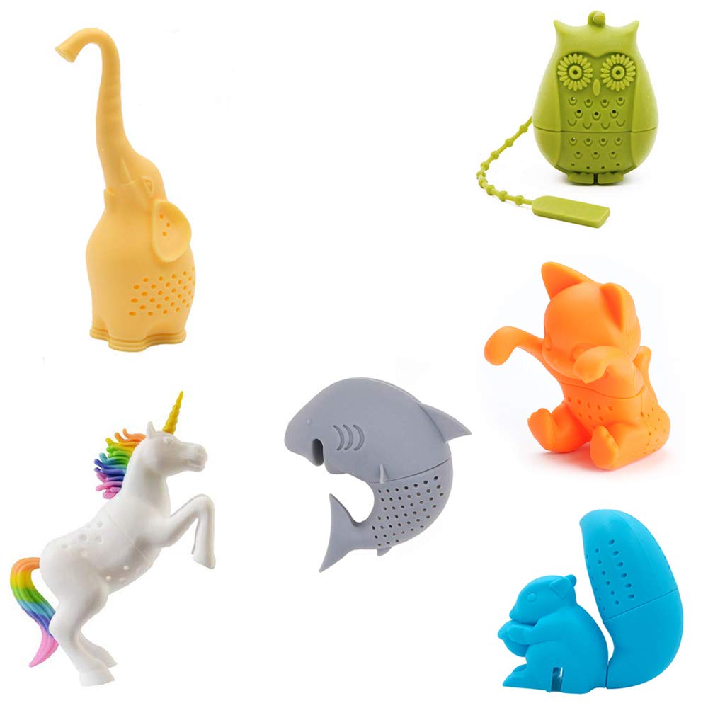 Cute Animal Silicone Tea Infusers - Unicorn, Shark, Squirrel, Cat, Owl & Elephant Tea Strainers (6-Piece Set) - Perfect Gift for Tea Lovers - Great for Loose Leaf Tea, Iced Tea & Herbal Brews at Home or Office