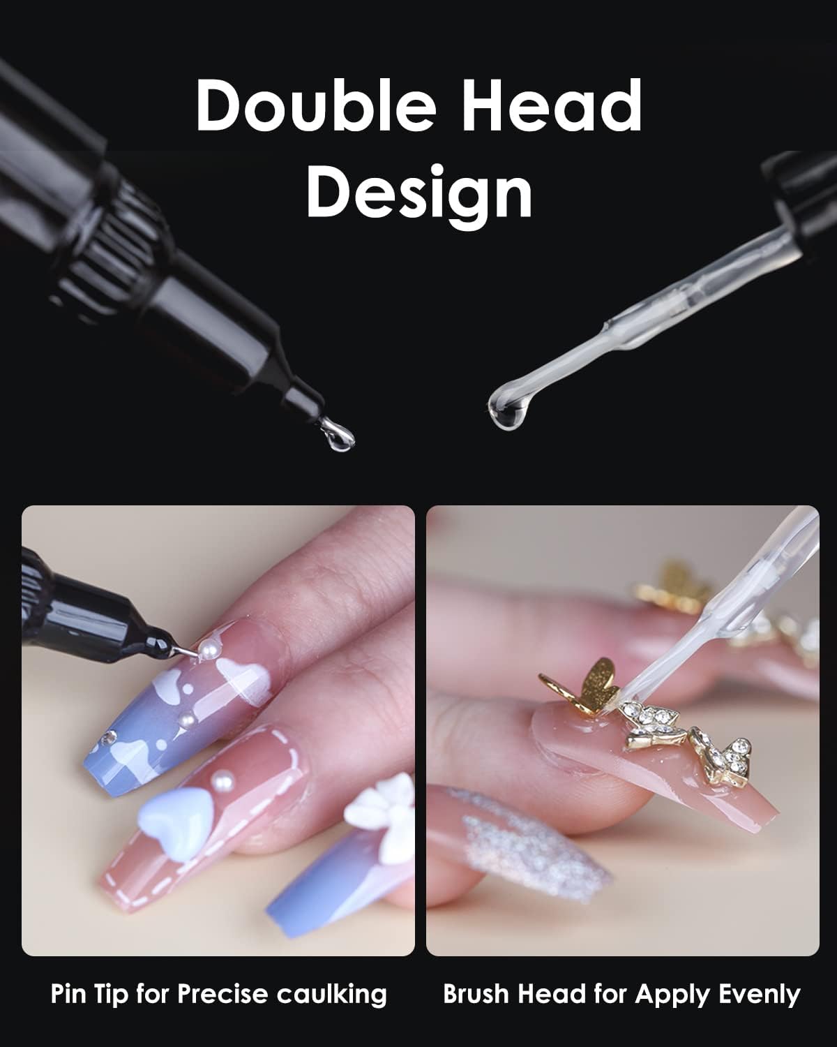 Rhinestone Nail Glue - 2 in 1 Precision Nail Adhesive with Brush & Pen Tip, 10ml Clear Gel for Nail Art & Jewelry Application (UV Cure Needed) - Perfect for DIY Manicures, Salon Nail Designs, and Rhinestone Embellishments