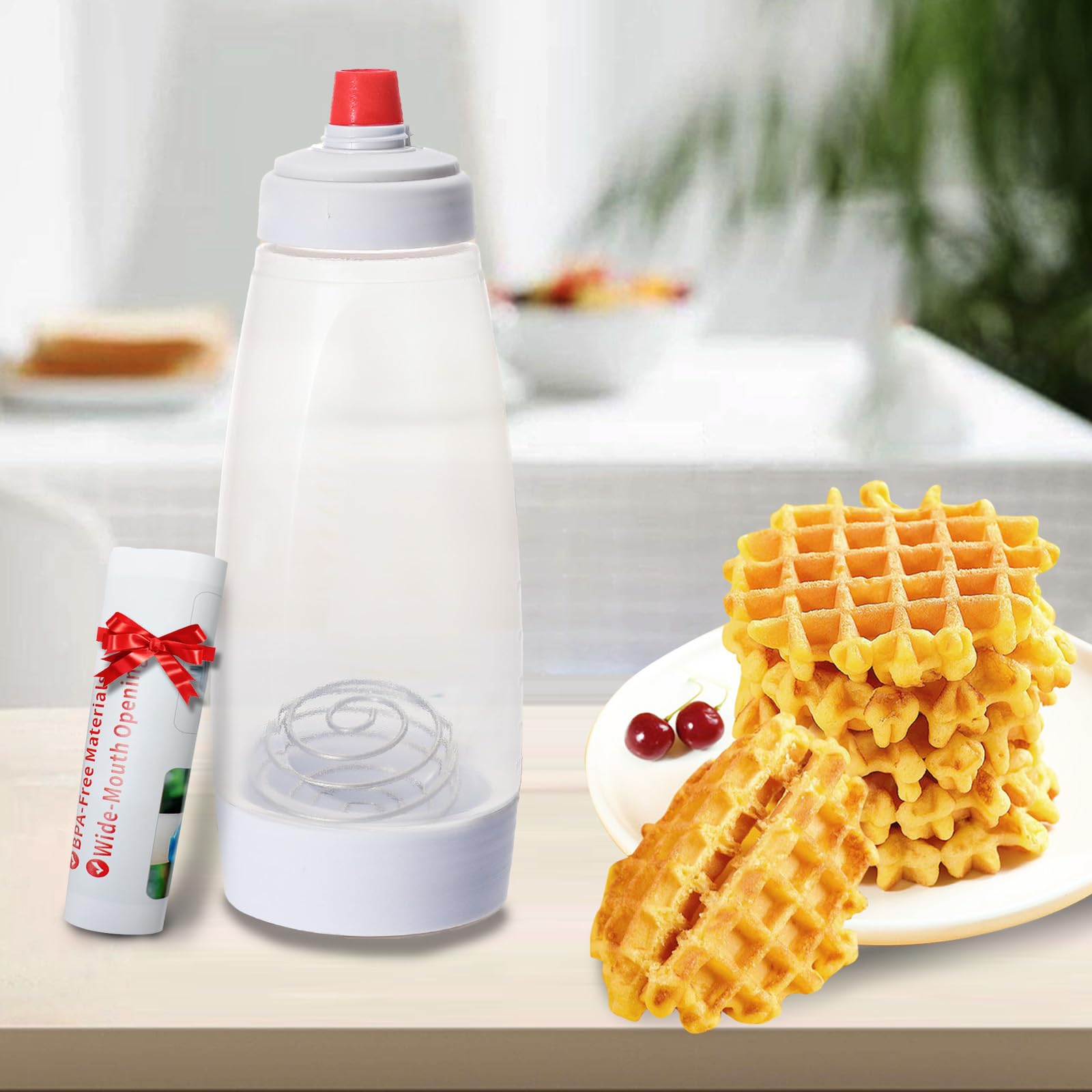 **Pancake Batter Dispenser Bottle with BlenderBall Whisk - Easy Squeeze Kitchen Tool for Perfect Pancakes, Waffles, Crepes & Muffins - Ideal for Breakfast, Baking & Kids Cooking**