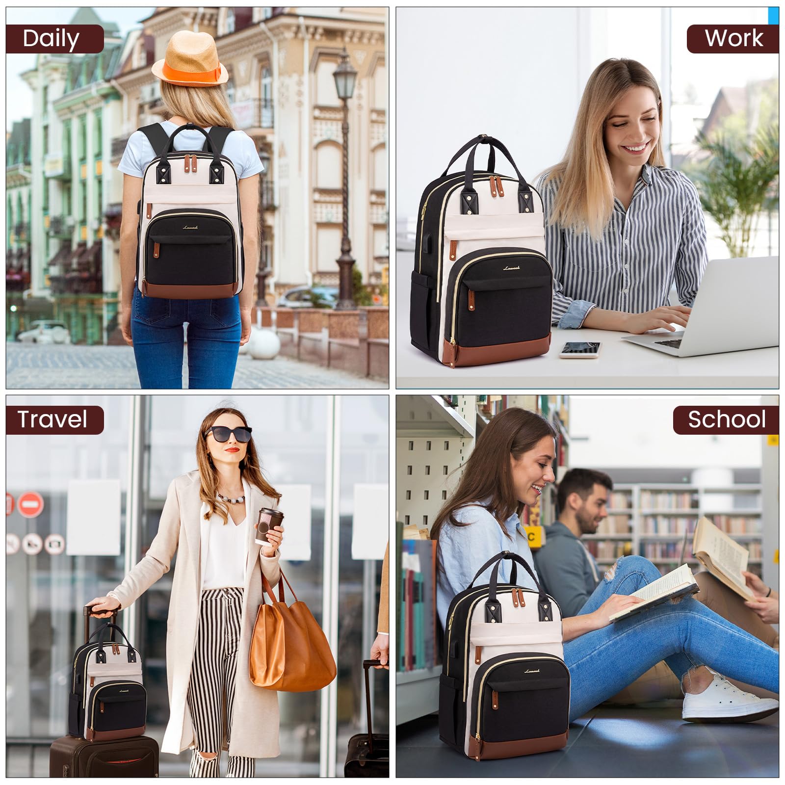 LOVEVOOK Women's Anti-Theft Laptop Backpack - 15.6 Inch Waterproof Computer Bag for Work, School & Travel | Stylish College Backpack Purse in Beige, Black & Brown | Perfect for Business Commute, Campus Life & Weekend Getaways