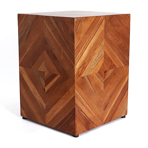 Teak Wood Garden Stool - Rustic Farmhouse End Table & Barn Door Style Side Table - Indoor Outdoor Patio Furniture - Perfect for Living Room, Bedroom, Deck or Garden Decor (Brown, Zen Style)