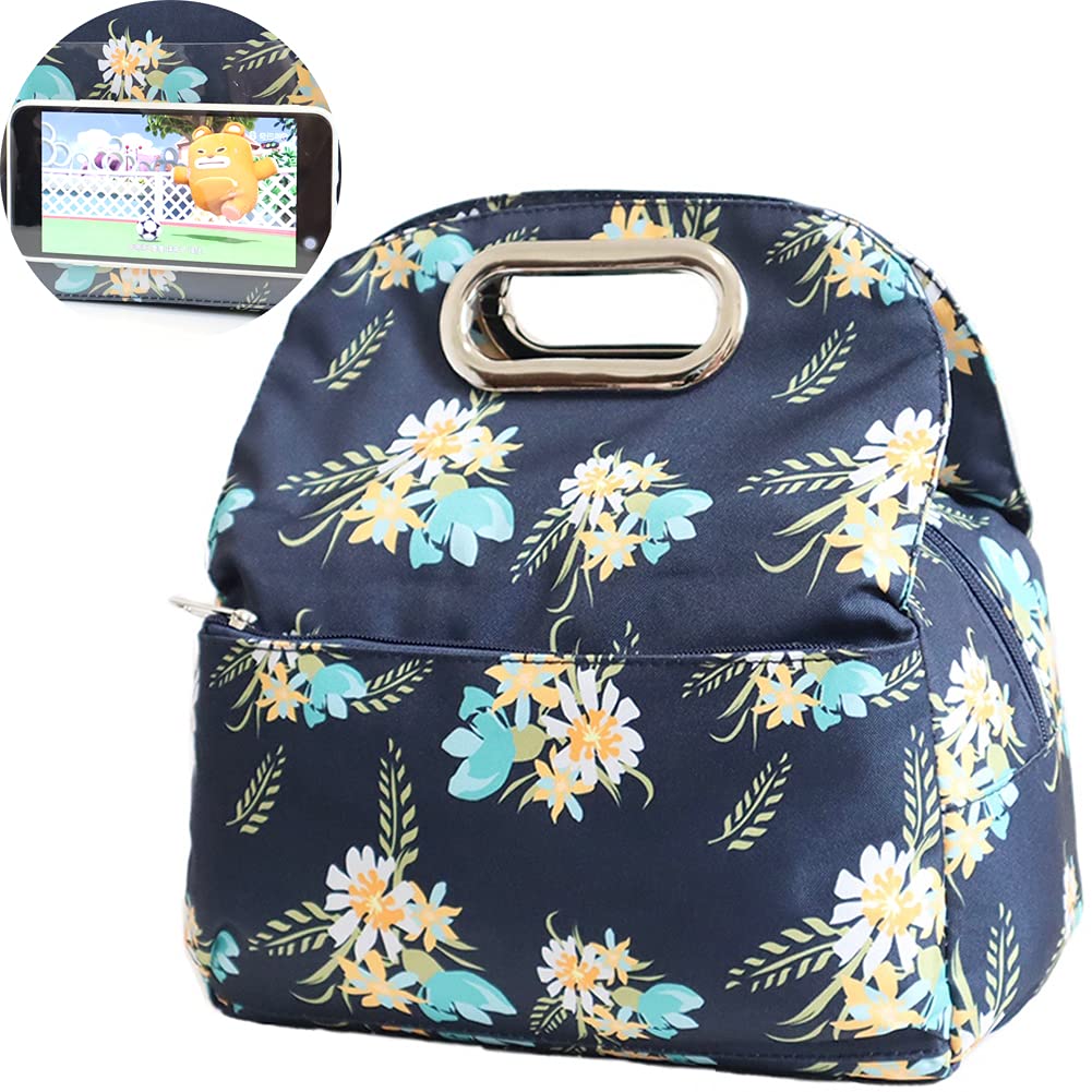 Movcompra Insulated Lunch Bag for Women - Cute Navy Flower Design, Tote Lunch Organizer & Cooler Bag for Work, School, Picnics & Outdoor Activities