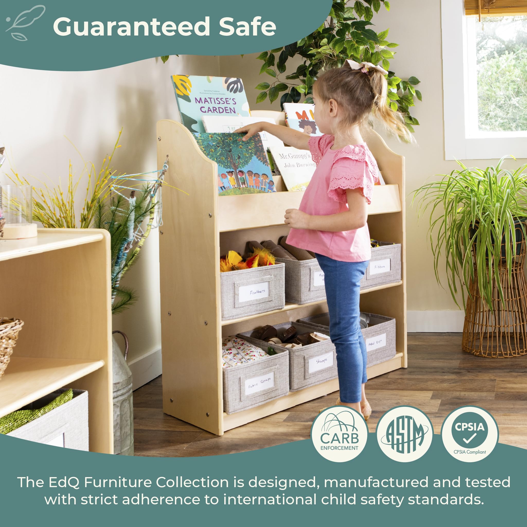 Guidecraft EdQ Book and Bin Browser Natural - 6 Fabric Storage Bins for Kids, Book Display & Toy Organizer - Classroom & Playroom Storage Furniture for Books, Toys & School Supplies