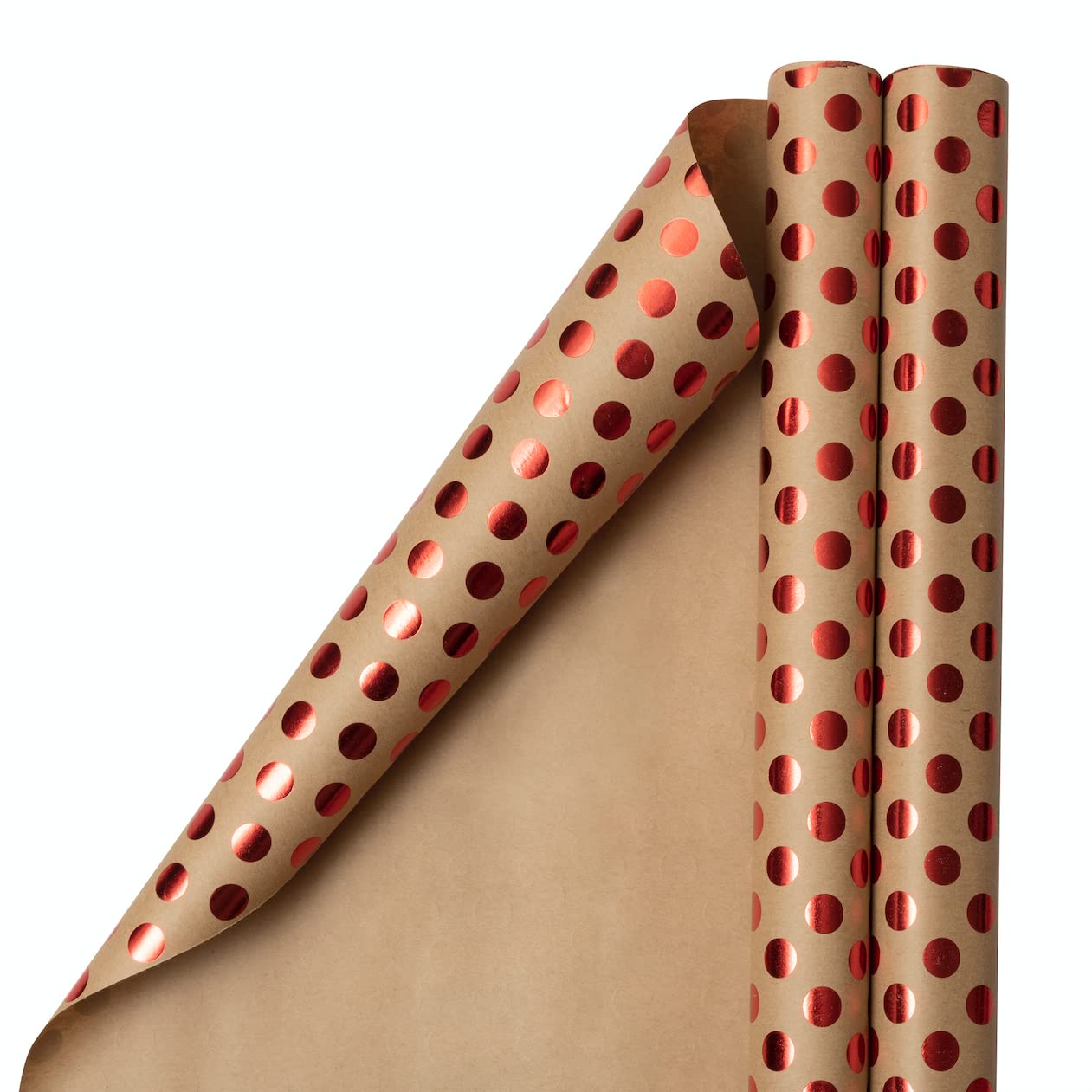 JAM Paper Kraft Gift Wrap - 50 Sq Ft Red Foil Polka Dots on Brown Wrapping Paper (2 Rolls) for Christmas, Birthday & Party Presents