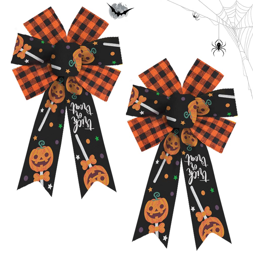 2 Pack Halloween Bows for Wreaths - Orange & Black Buffalo Plaid Burlap Bows for Pumpkin Wreaths, Front Door Decor, Trick or Treat Candy Displays - Perfect for Halloween Party Decorations, Home Entryway, and Seasonal Front Porch Decor