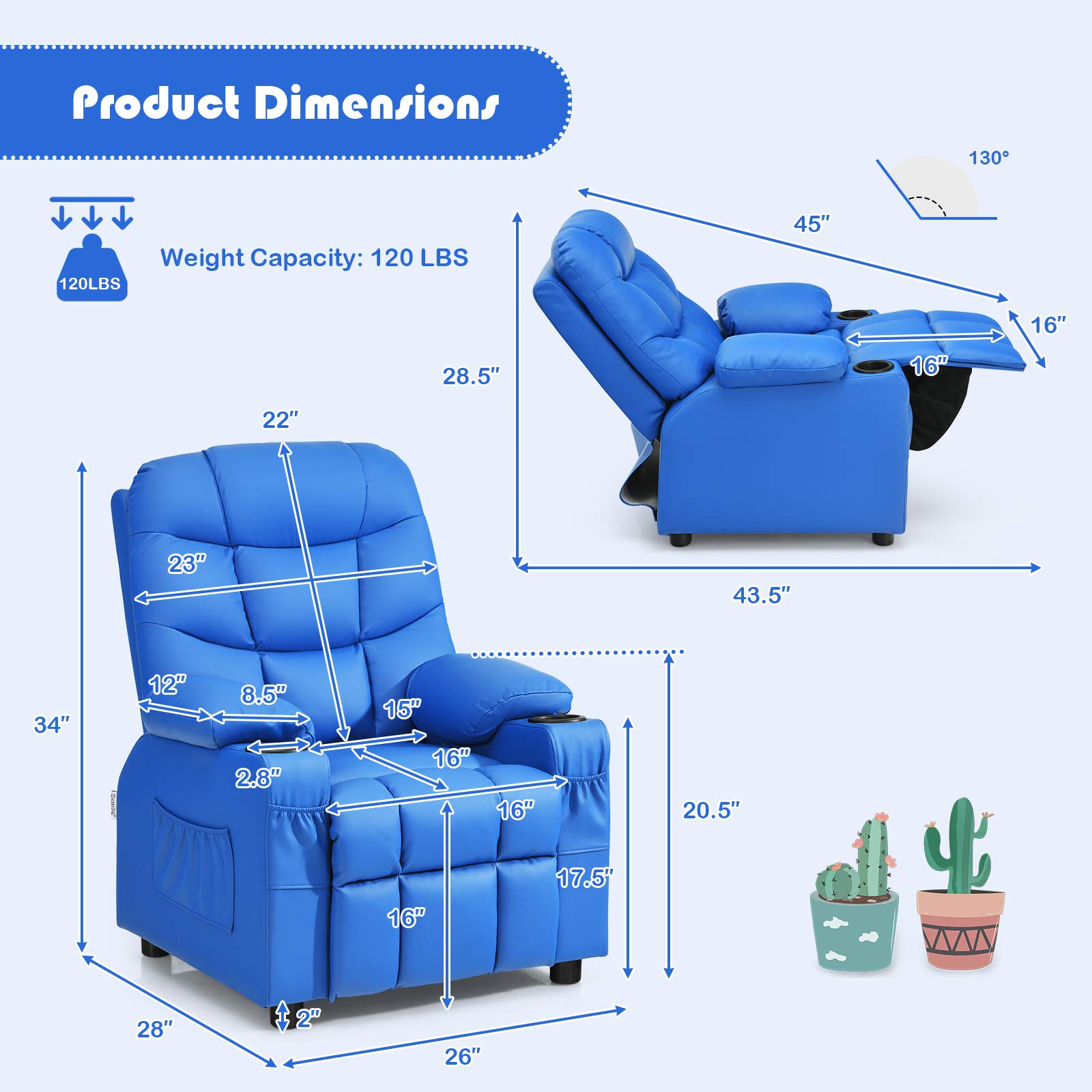 Kids Recliner Chair with 2 Cup Holders & 3 Pockets - Adjustable PU Leather Toddler Sofa for Boys Girls Age 3+ (Blue) - Perfect for Playroom, Bedroom, Movie Nights & Relaxation