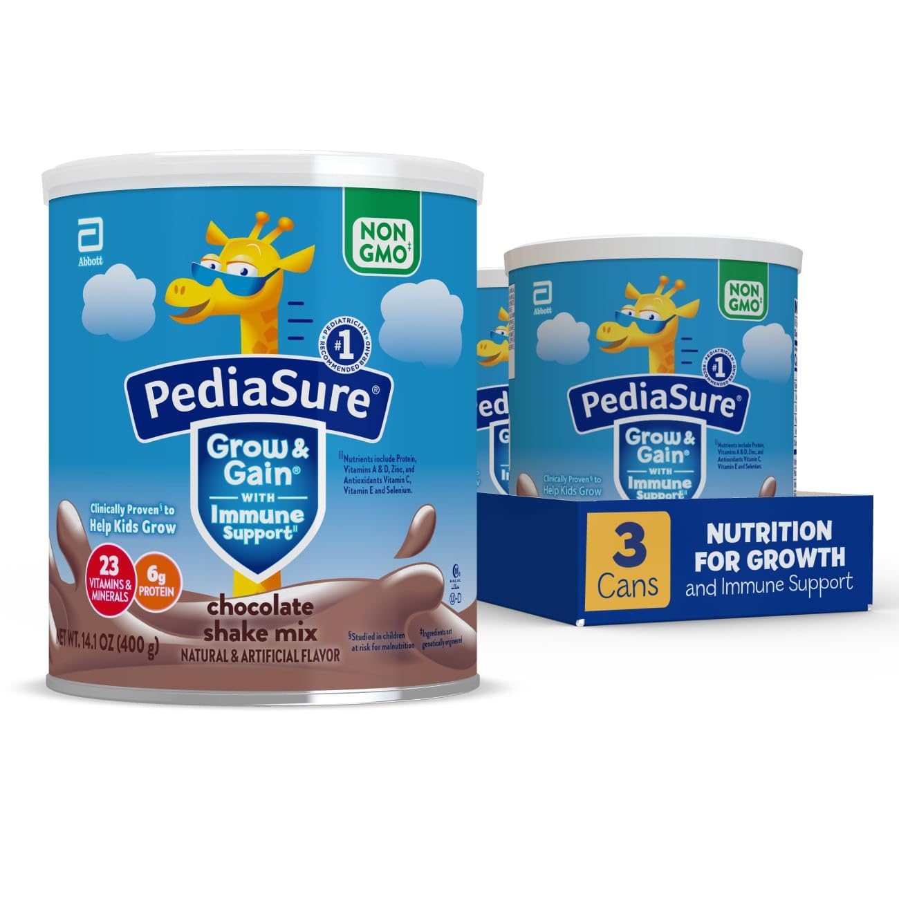 PediaSure Grow & Gain Chocolate Shake Mix - Kids Nutritional Drink Powder for Growth & Development, 14.1 oz (Pack of 3) | Perfect for Breakfast, School Lunches & Picky Eaters