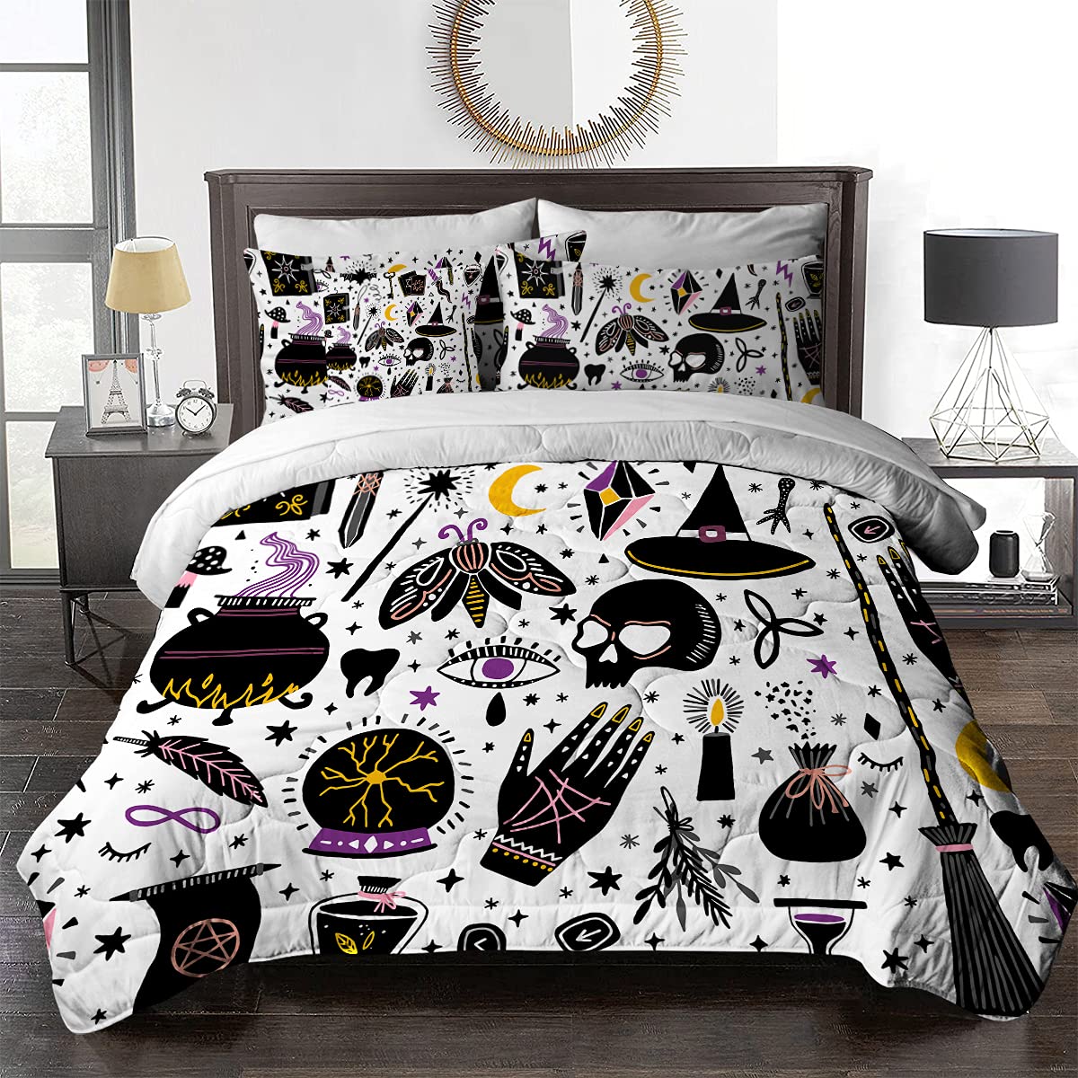 BlessLiving Witchcraft Queen 8-Piece Halloween Comforter Set - All Season Down Alternative Bedding with Comforter & Sheets for Adults, Men & Women | Gothic Bedroom Decor for Spooky Season & Witch-Themed Rooms