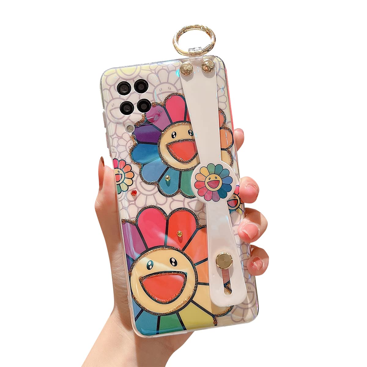 Cute Samsung Galaxy A42 5G Case with Wrist Strap & Kickstand - Glitter Bling Cartoon IMD Soft TPU Shockproof Protective Phone Cover for Women & Girls (Sunflower Design) | Perfect for Daily Use, Work & Travel