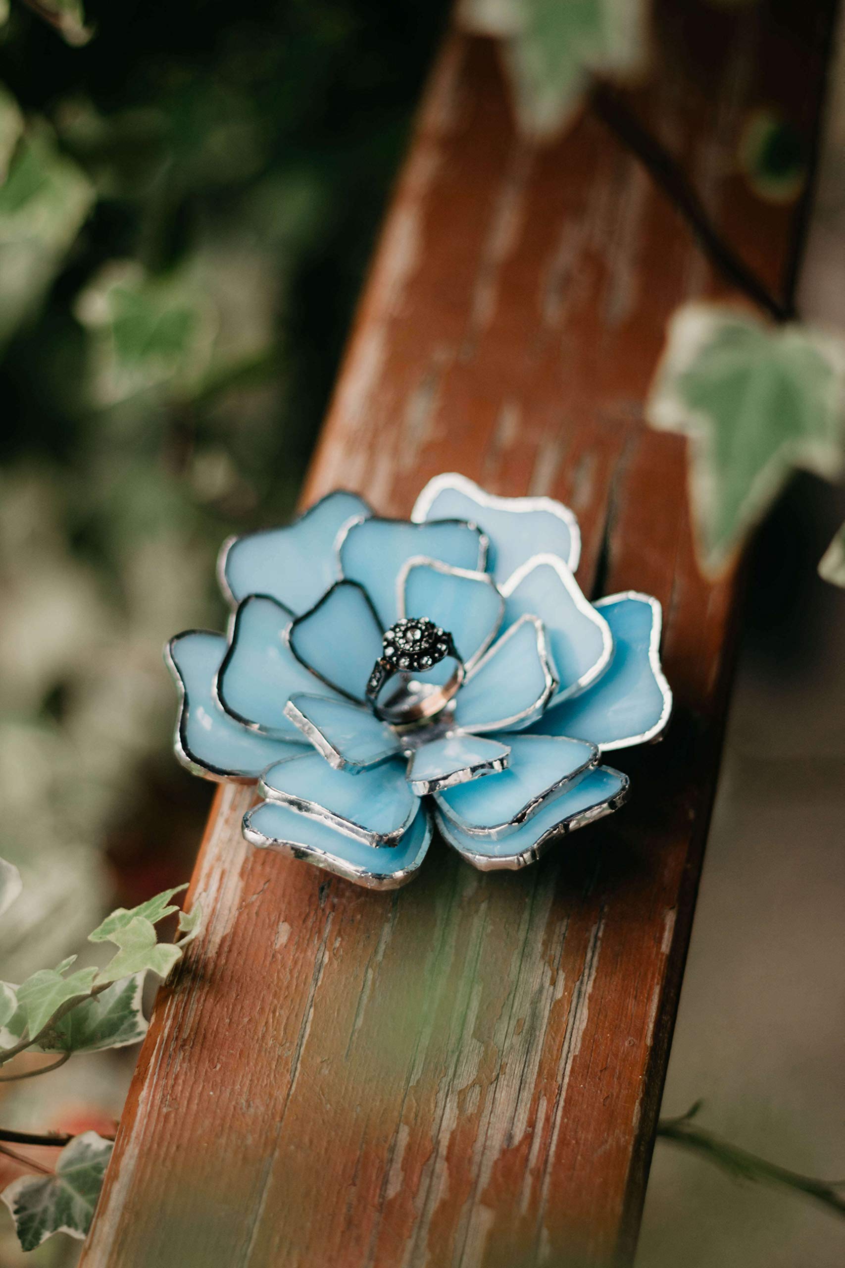 Opalescent Glass Floral Jewelry Dish - Elegant Engagement & Wedding Ring Holder for Ceremony Decor, Valentines Day Gift for Her (Blue) | Perfect for Ring Bearer Pillow Alternative, Bridal Shower, Anniversary & Romantic Home Decor