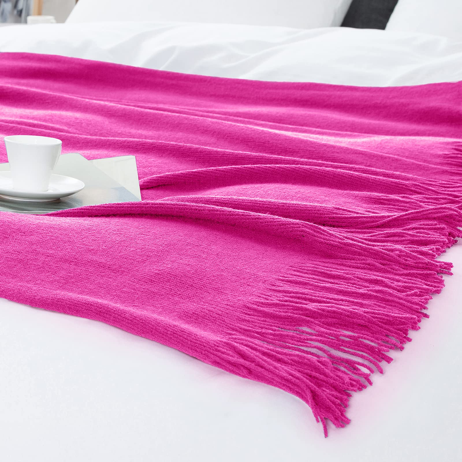 Vonty Hot Pink Knitted Blanket with Tassels Fringe 50