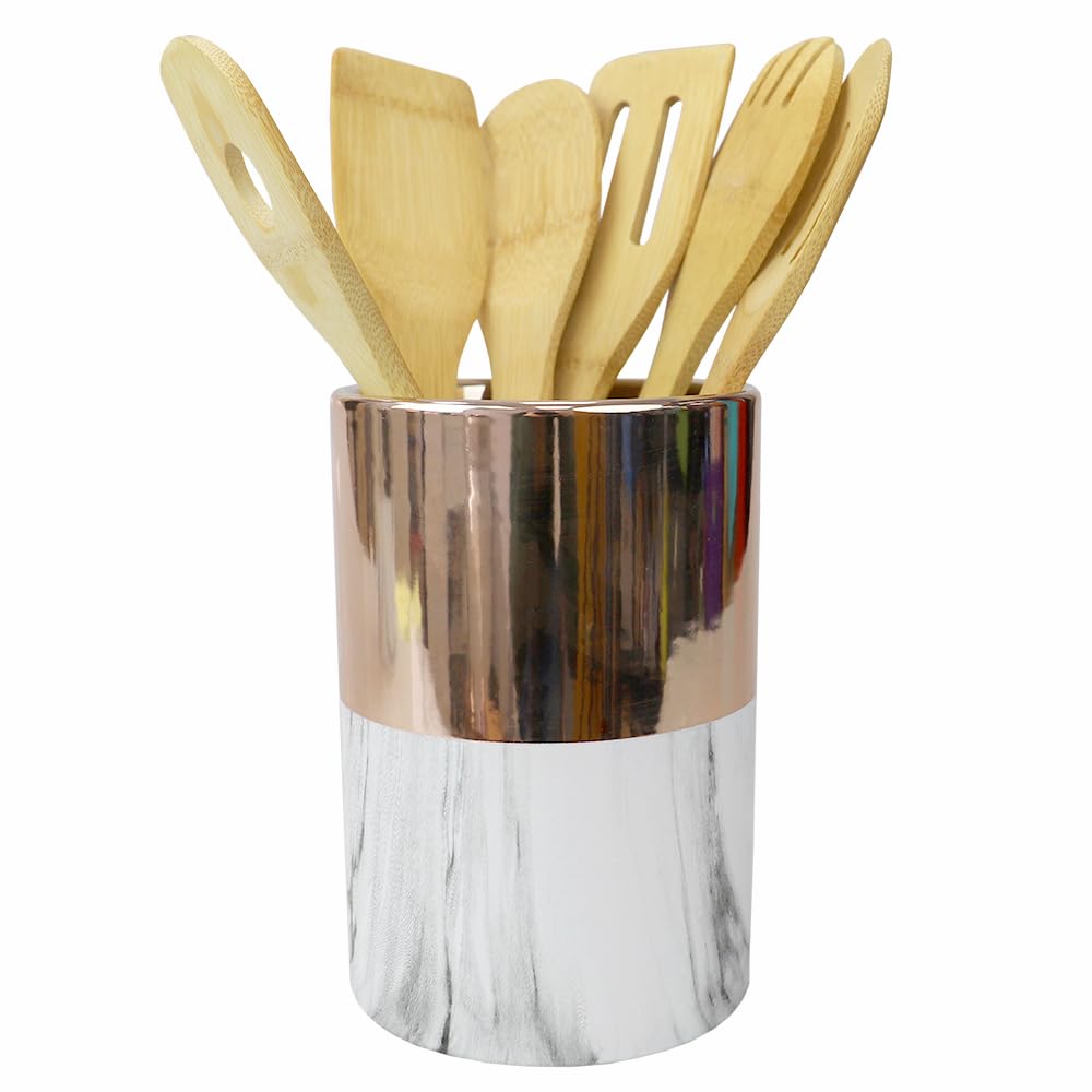 Premium Large Ceramic Kitchen Utensil Holder - White Marble & Rose Gold Countertop Organizer for Spoons, Spatulas, Knives & Cooking Tools | Perfect for Modern Kitchens, Cooking Stations & Countertop Organization