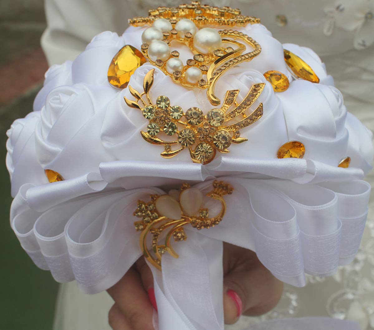 Romantic Wedding Bride Holding Rose Bouquet with Crystal Diamonds & Ribbons - White Simulated Church Flower Decoration for Wedding Ceremony, Bridal Shower, Church Altar Decor, and Reception Centerpieces