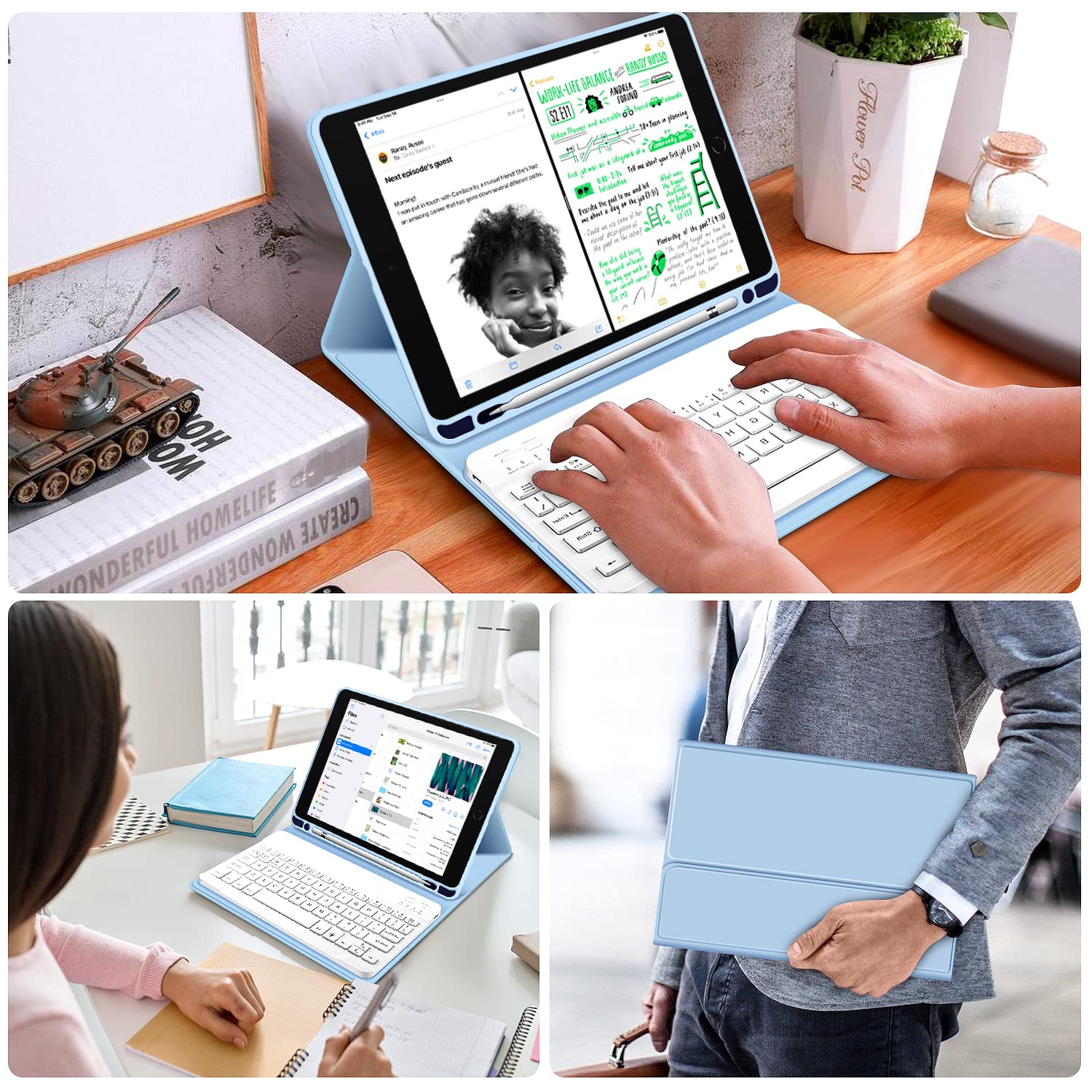 Kenke Ultra Slim Wireless Keyboard Case for iPad 9.7 inch (iPad 6th/5th Gen 2018/2017, iPad Air 2/1) - Lightweight Smart Cover with Apple Pencil Holder & Magnetic Detachable Keyboard - Perfect for Work, Travel & Study (Light Blue)