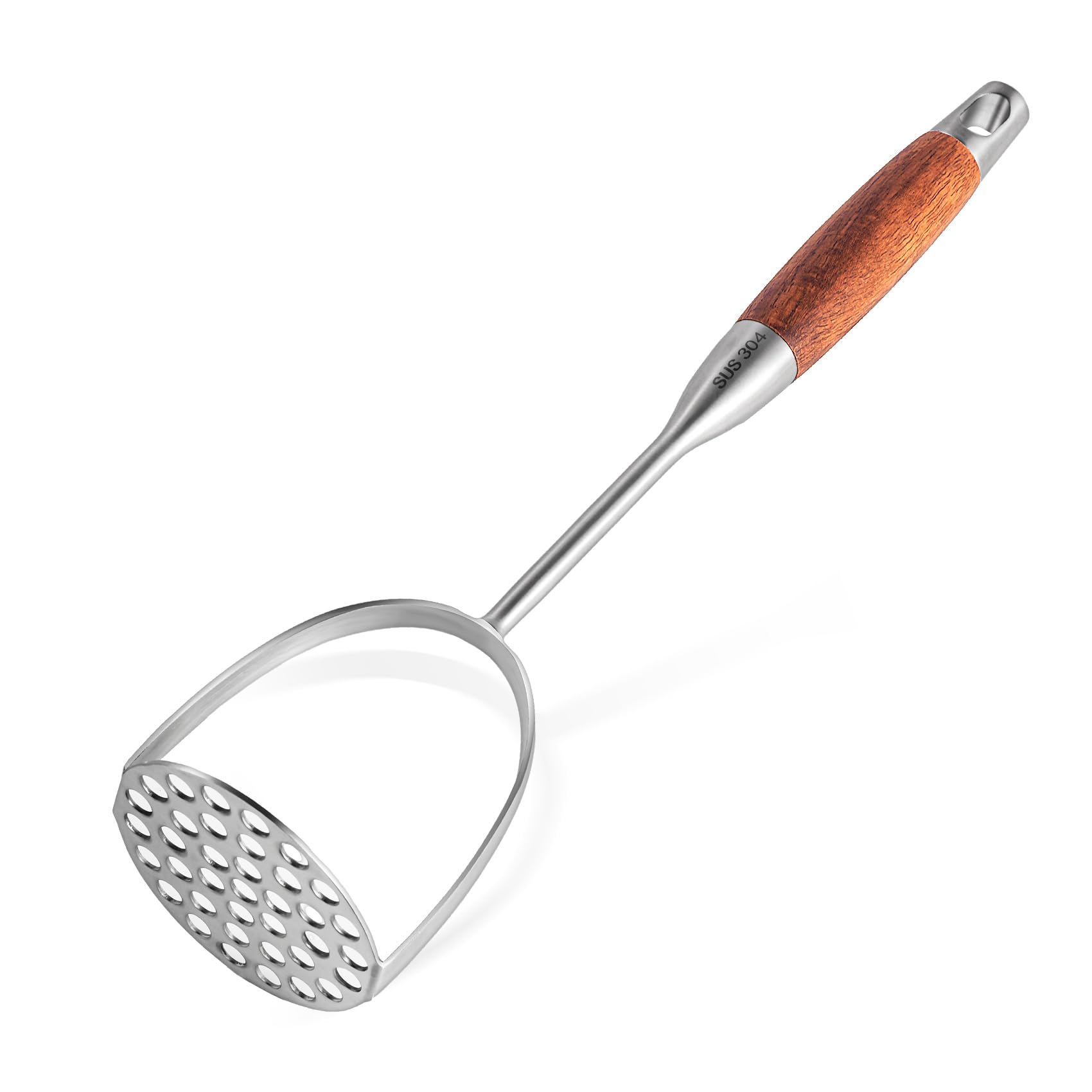 Stainless Steel Potato Masher with Wooden Handle - Heavy Duty 13.5 Inch Manual Masher for Potatoes, Avocados & Vegetables - Perfect for Mashing, Pureeing & Food Prep in Home Kitchens