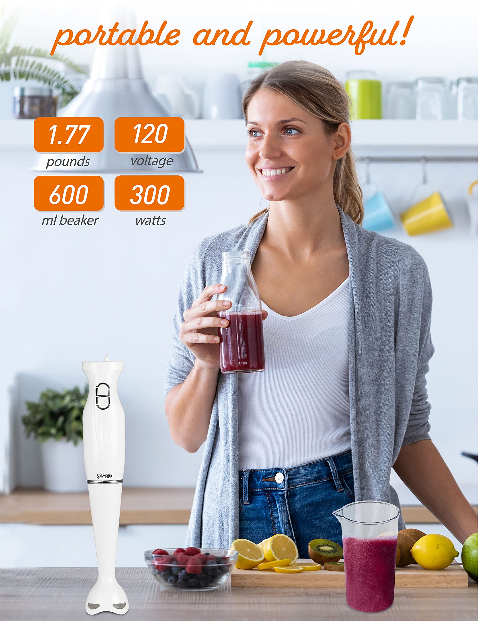 Commercial Chef Immersion Blender - 500W Stainless Steel Hand Blender with Quiet Motor | Powerful Mini Blender for Smoothies, Soups, Sauces & Baby Food | Perfect for Kitchen, Restaurant & Home Cooking