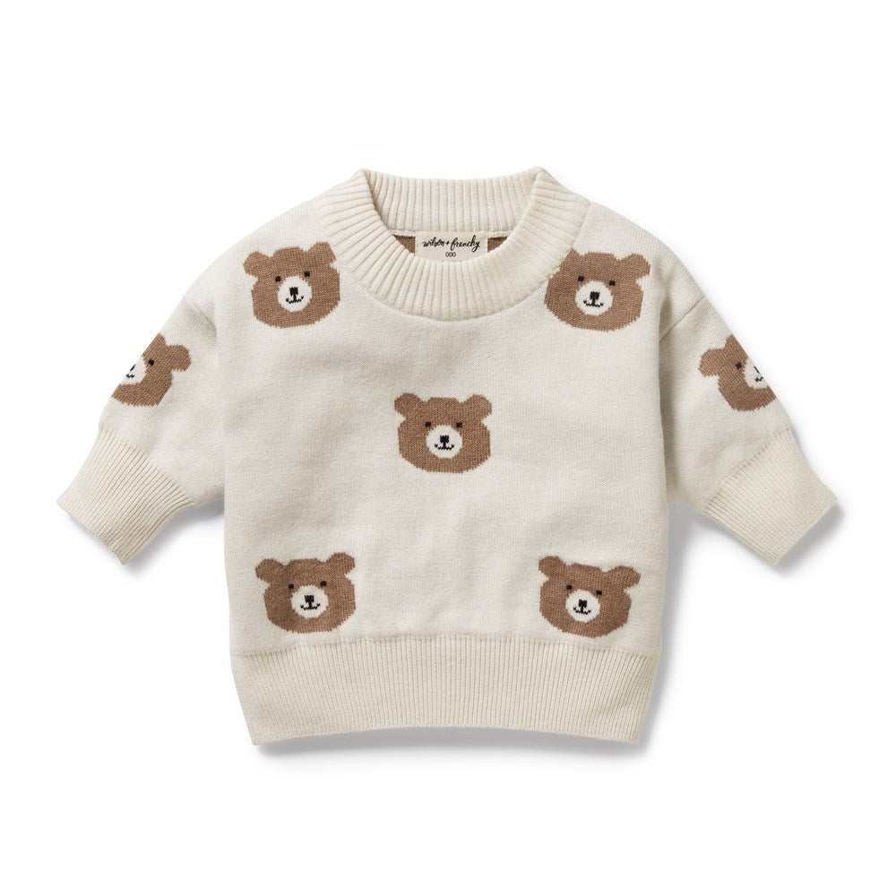 Beary Cute Organic Cotton Knitted Jacquard Sweater - Cozy Winter Pullover for Women & Girls