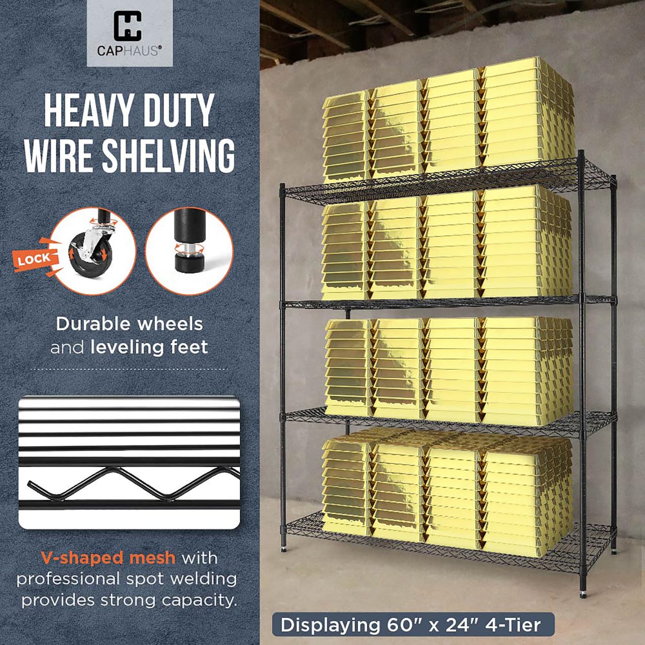 Heavy Duty Adjustable 4-Tier Commercial Wire Shelving with Wheels & Leveling Feet - NSF Certified Metal Utility Rack for Kitchen, Garage & Storage (Black, 36