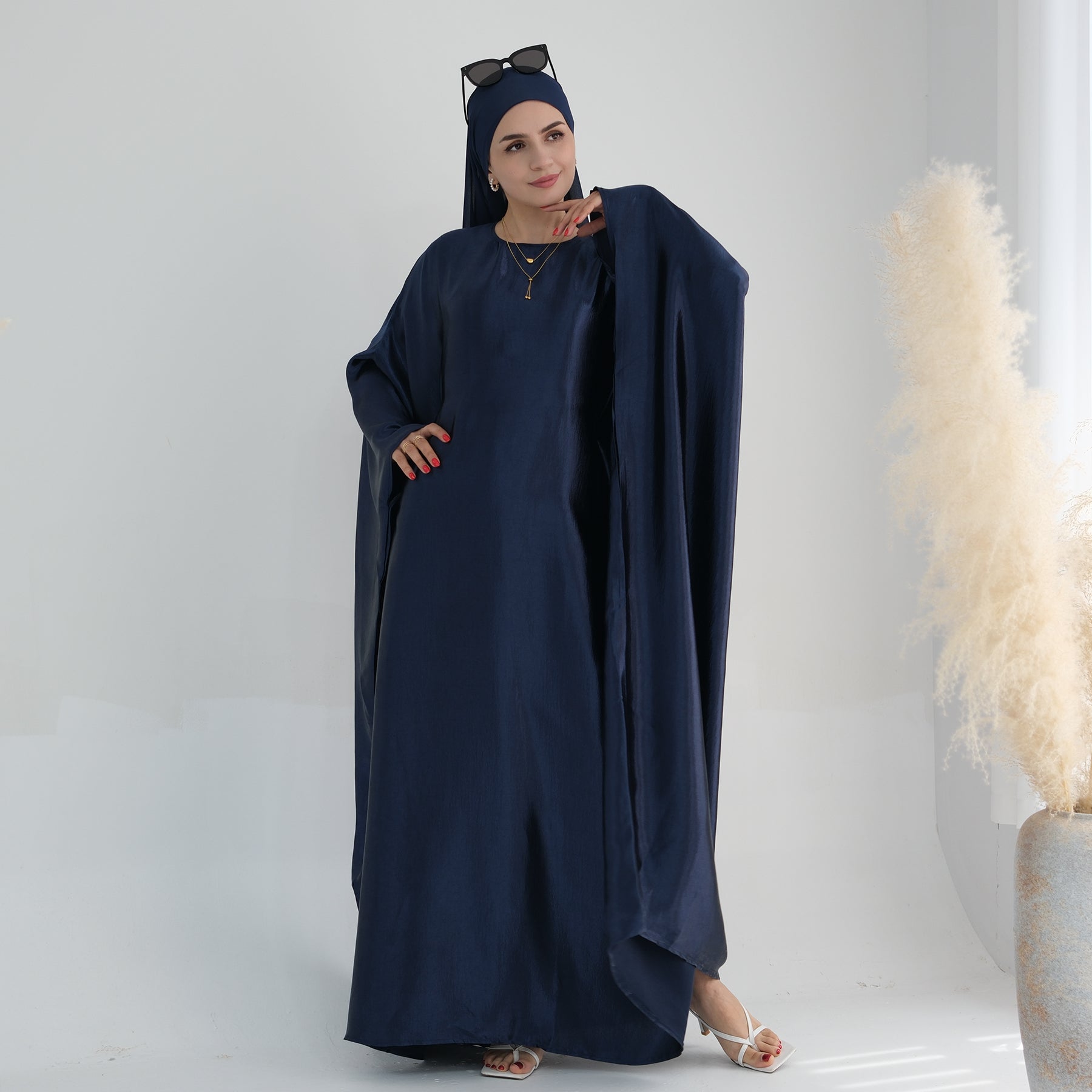 Elegant Navy Blue Alisha Butterfly Satin Abaya - Modest Islamic Dress for Women, Prayer, Special Occasions & Everyday Wear