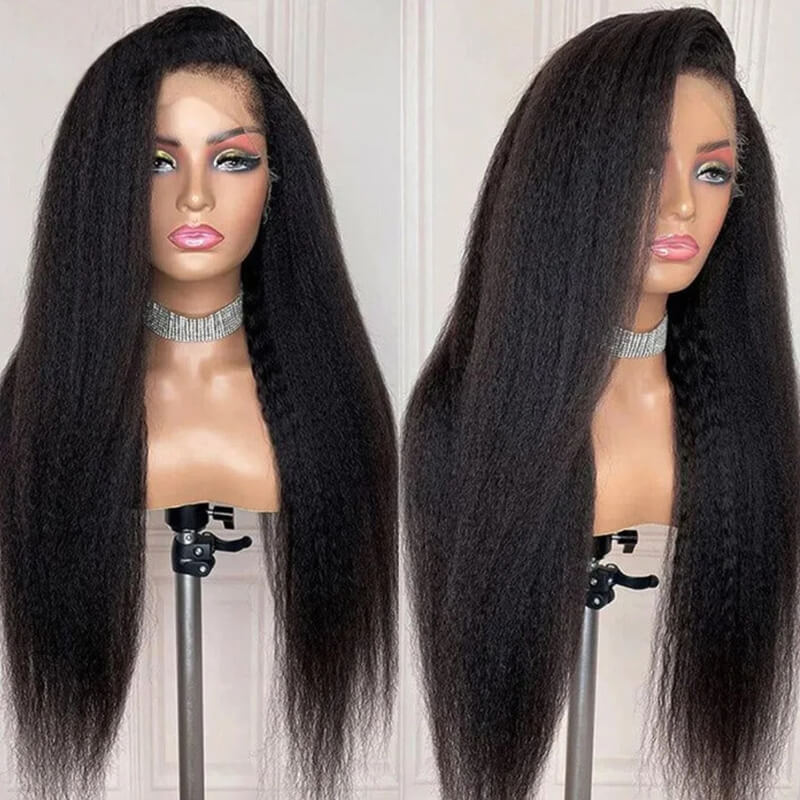 Kinky Straight Human Hair Wigs with Pre-Plucked Lace Frontal - Natural Looking & Breathable for Daily Wear, Parties & Cosplay