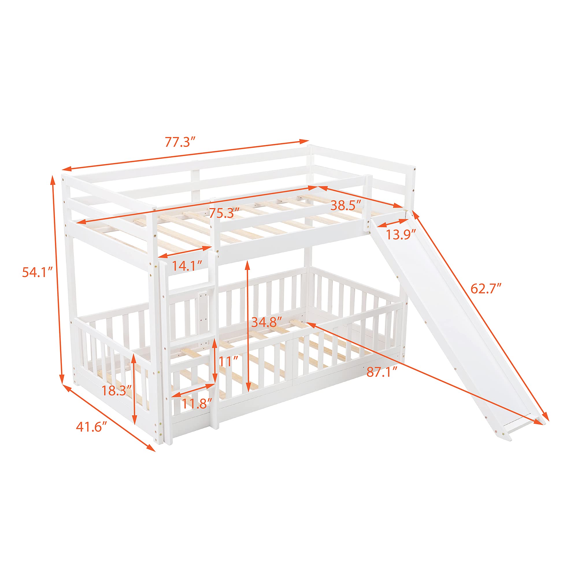 RUNNA Twin Over Twin Wood Bunk Bed with Convertible Slide & Ladder - Space-Saving Kids Bunk Bed Frame with Full-Length Guardrail - White & Wood Finish - Perfect for Small Bedrooms, Kids' Rooms & Shared Spaces